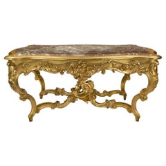 Table centrale italienne Louis XV du 19ème siècle en bois doré et marbre