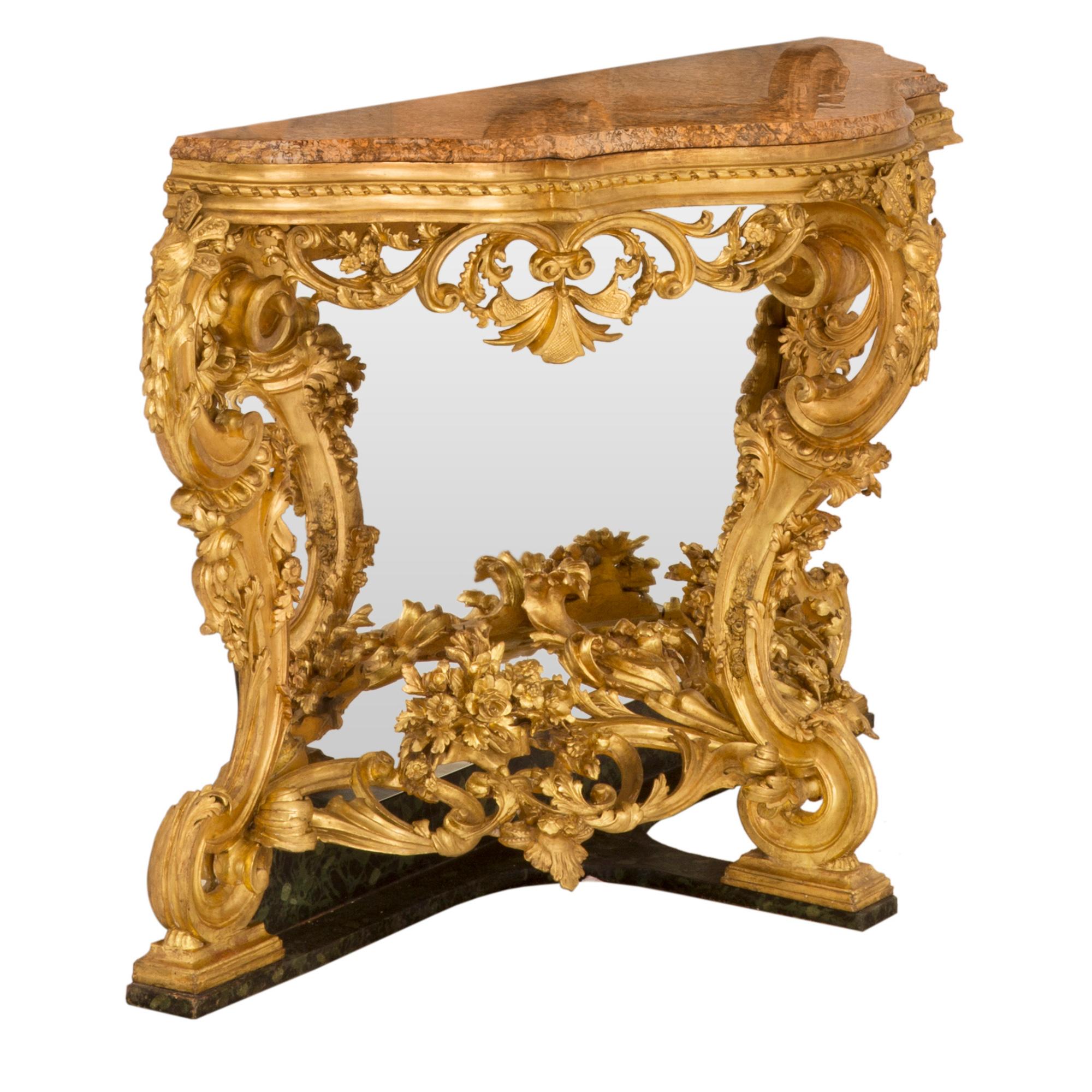 Painted Italian 19th Century Louis XV St. Giltwood and Marble Console For Sale