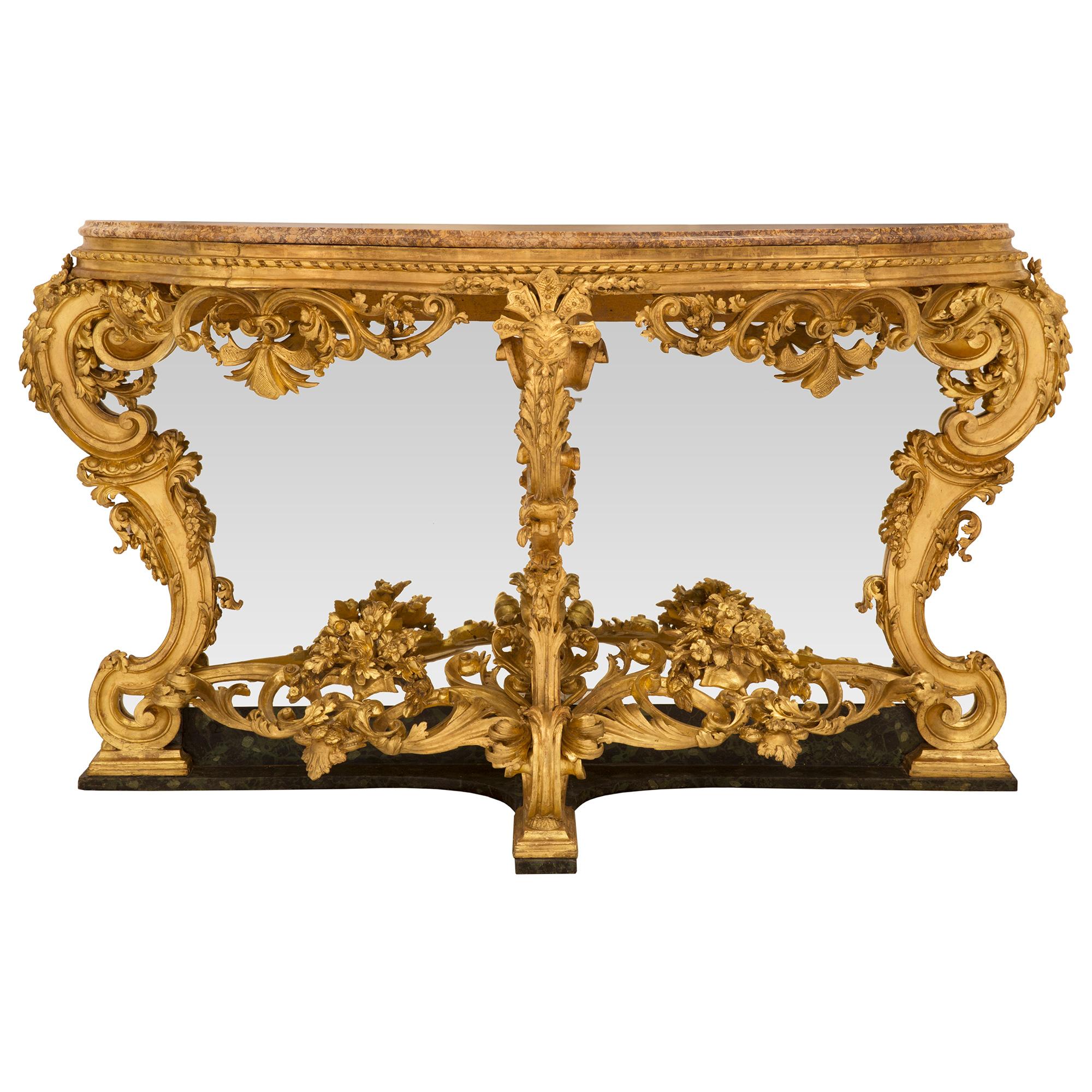 Console italienne du 19ème siècle de style Louis XV en bois doré et marbre