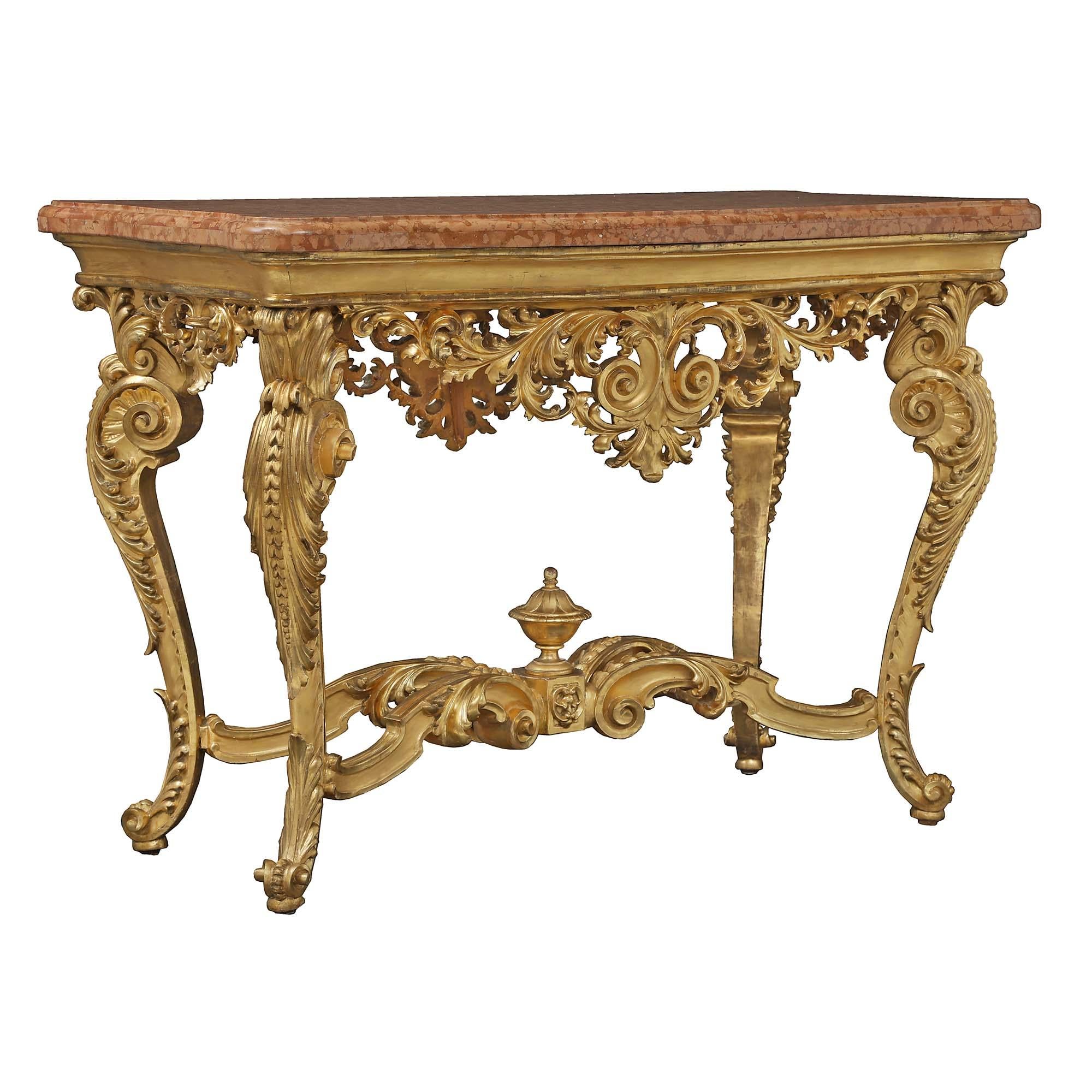 Marble Italian 19th Century Louis XV St. Giltwood Center Table For Sale