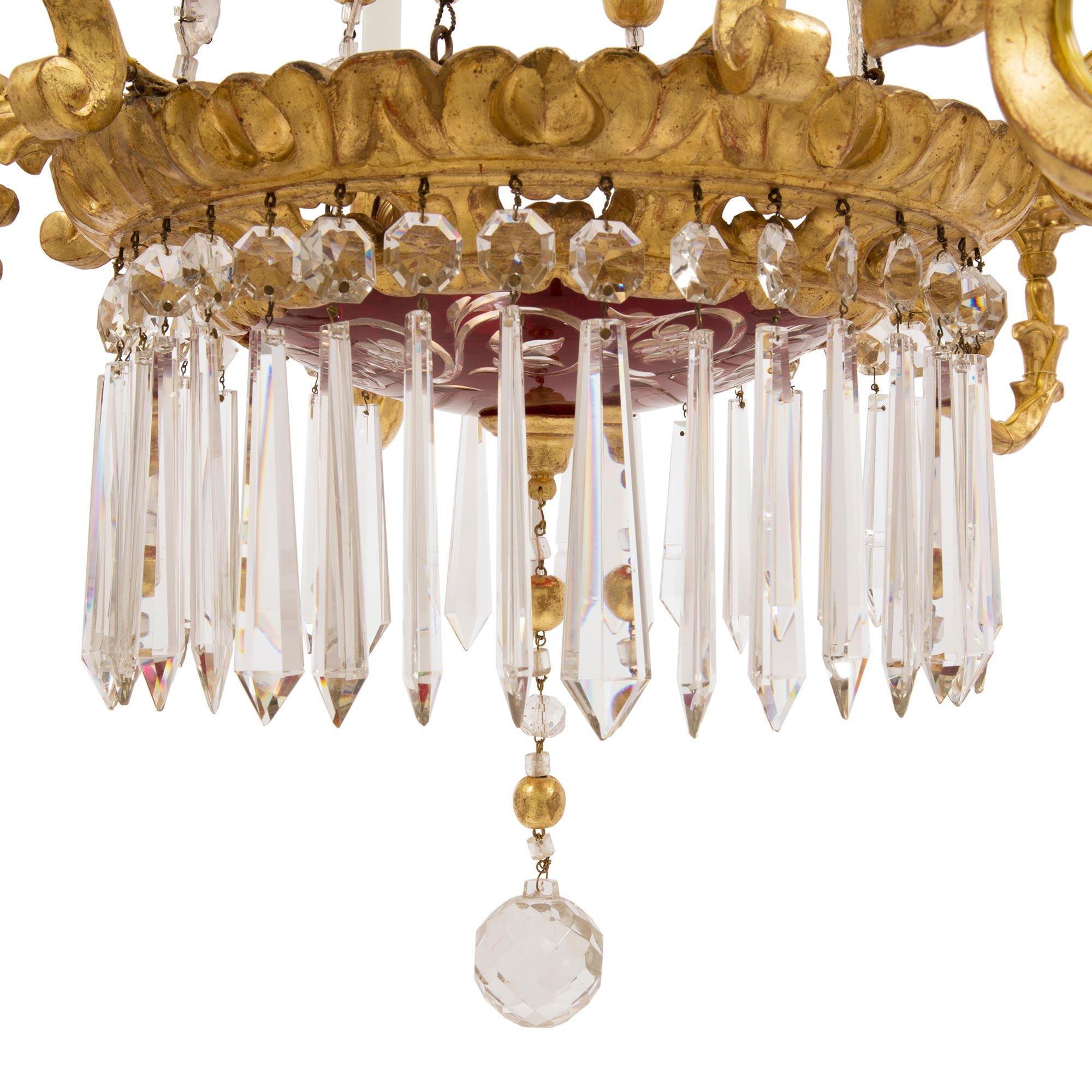 Italian 19th Century Louis XV St. Giltwood, Crystal and Etched Glass Chandelier For Sale 4