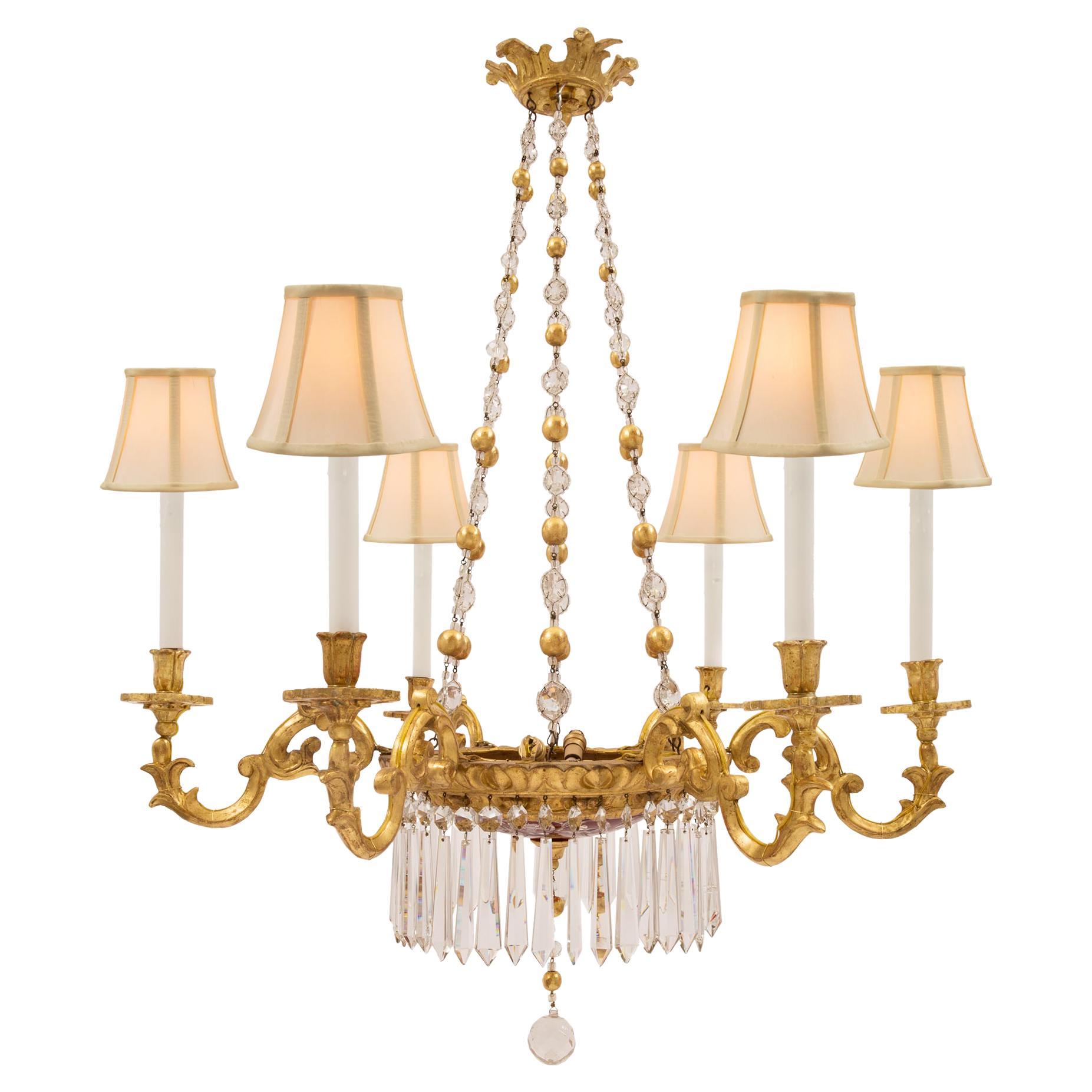 Italian 19th Century Louis XV St. Giltwood, Crystal and Etched Glass Chandelier For Sale