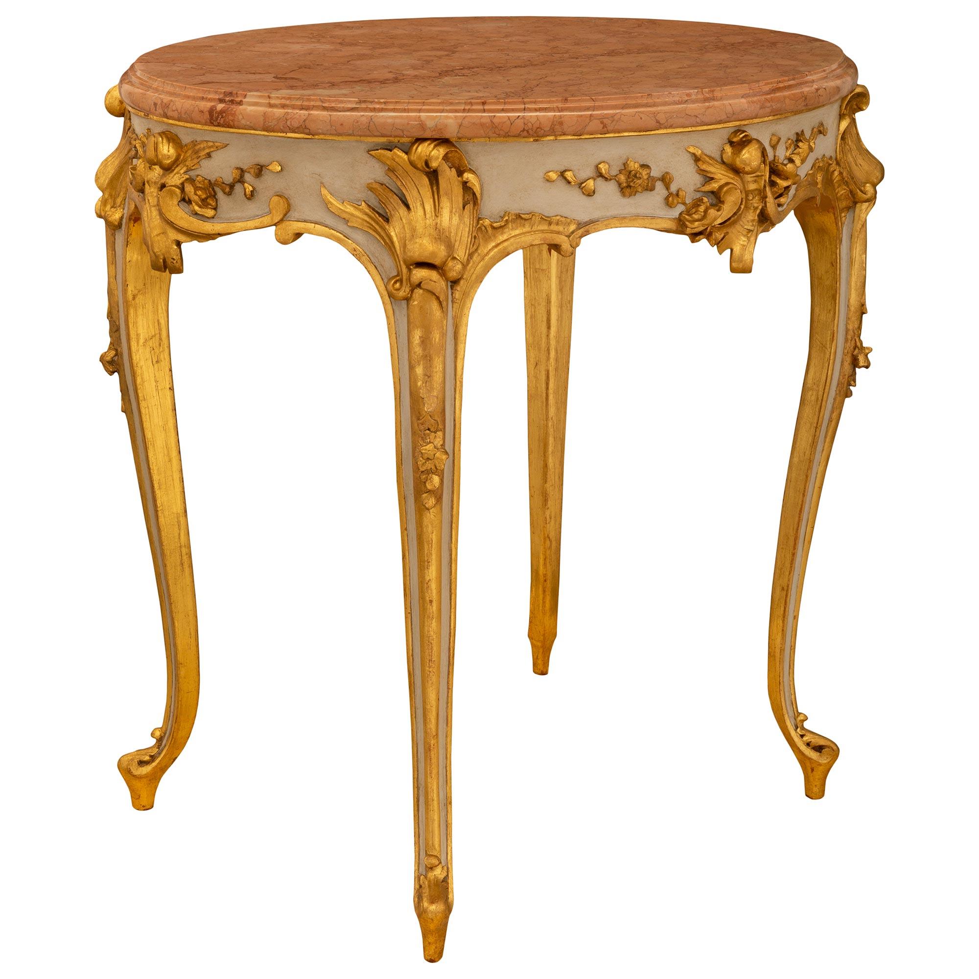 Italian 19th Century Louis XV St. Marble, Giltwood & Patinated Wood Side Table In Good Condition In West Palm Beach, FL