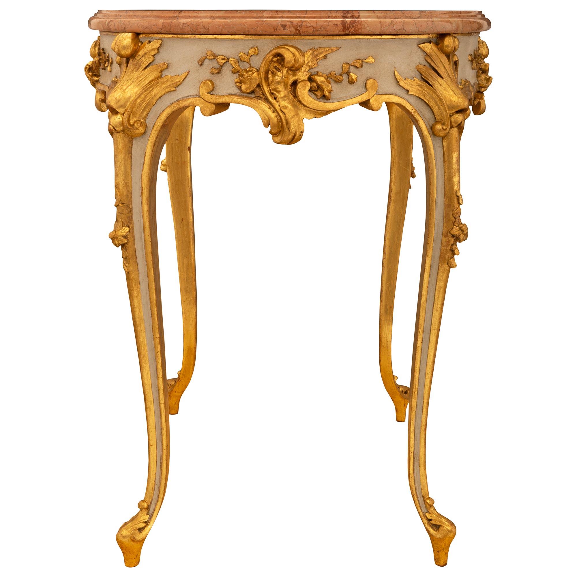 Italian 19th Century Louis XV St. Marble, Giltwood & Patinated Wood Side Table 1