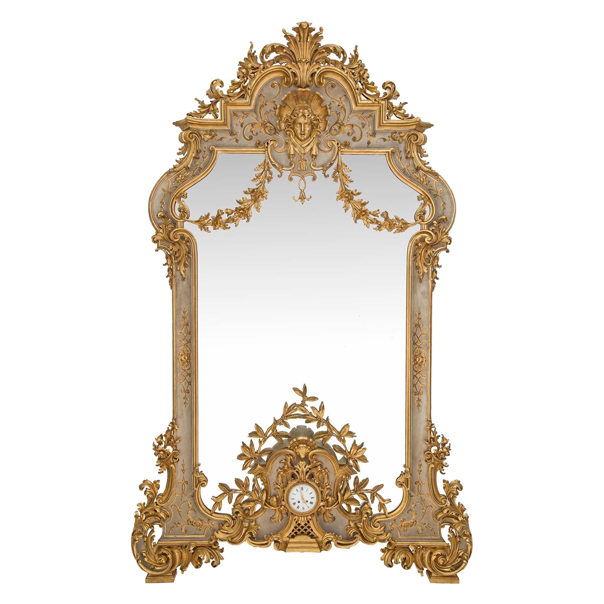 Italian 19th Century Louis XV St. Patinated and Giltwood Mirror with Clock For Sale