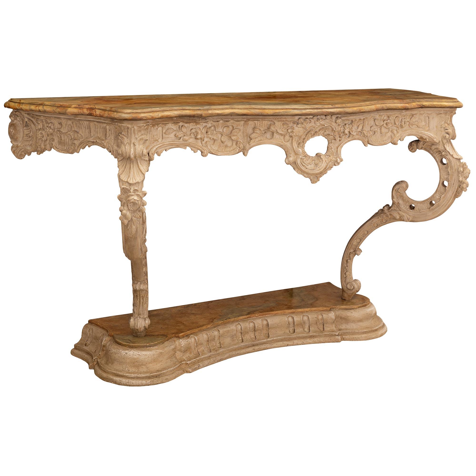 Louis XVI Italian 19th Century Louis XV St. Patinated Wood and Faux Painted Marble Console For Sale