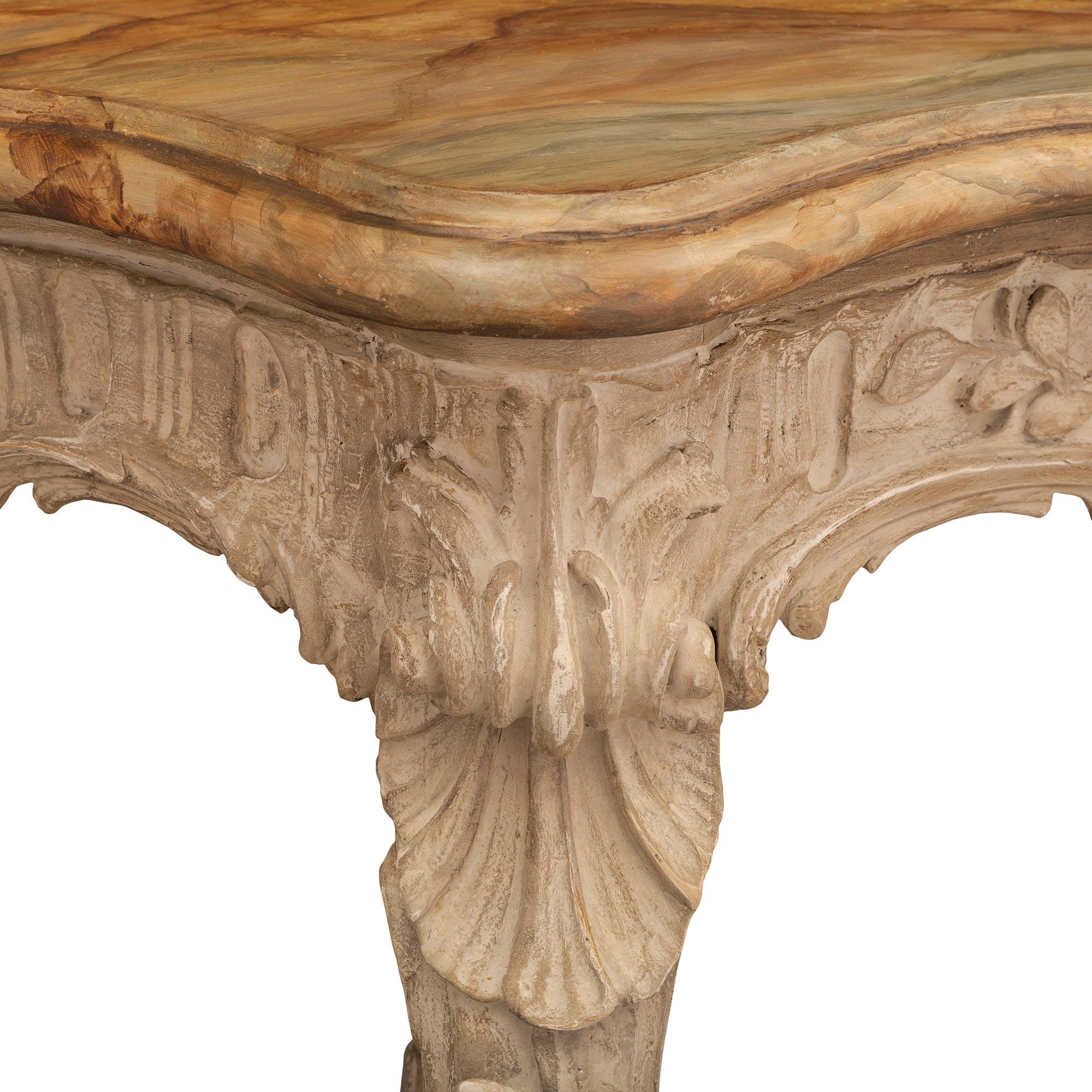Italian 19th Century Louis XV St. Patinated Wood and Faux Painted Marble Console For Sale 1