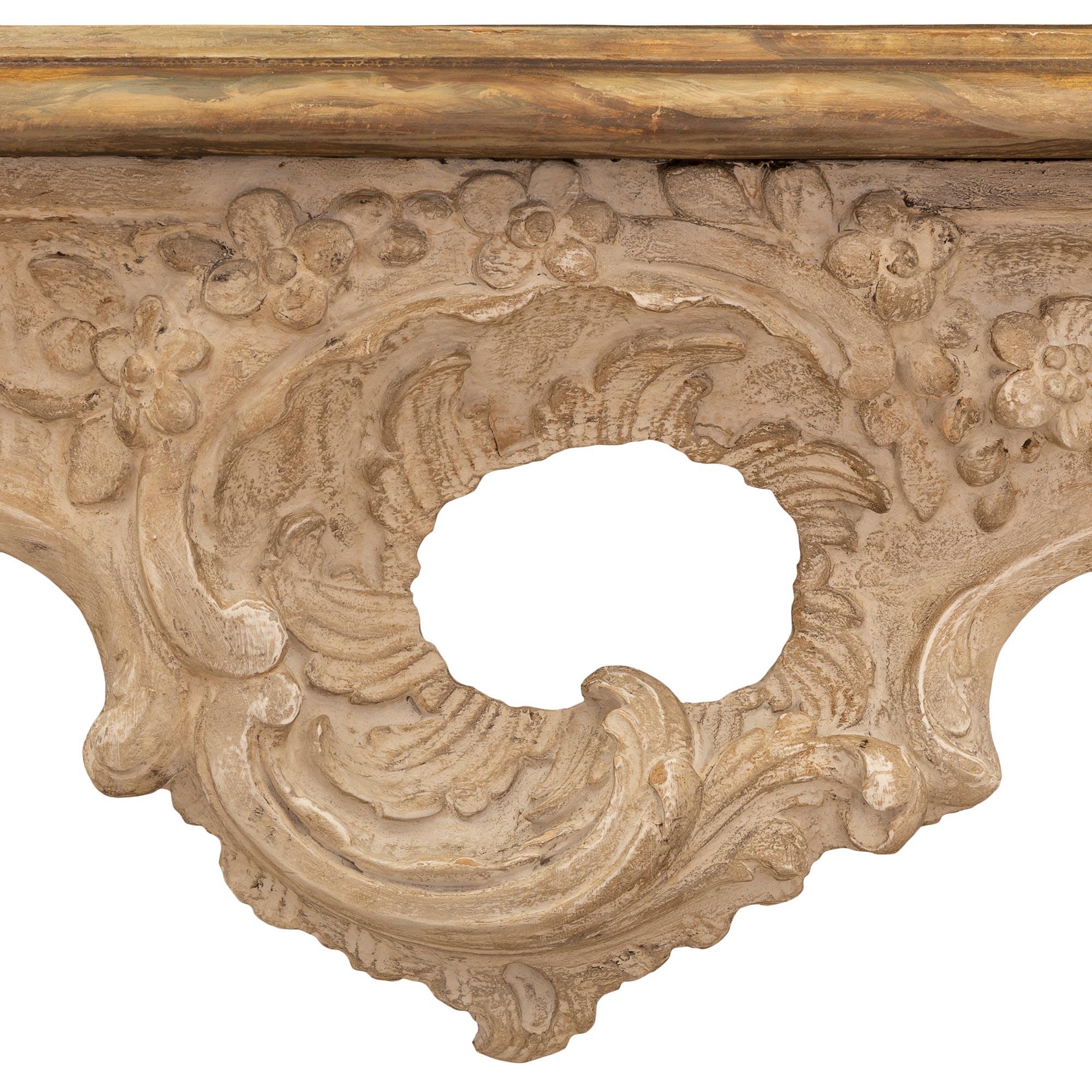 Italian 19th Century Louis XV St. Patinated Wood and Faux Painted Marble Console For Sale 3