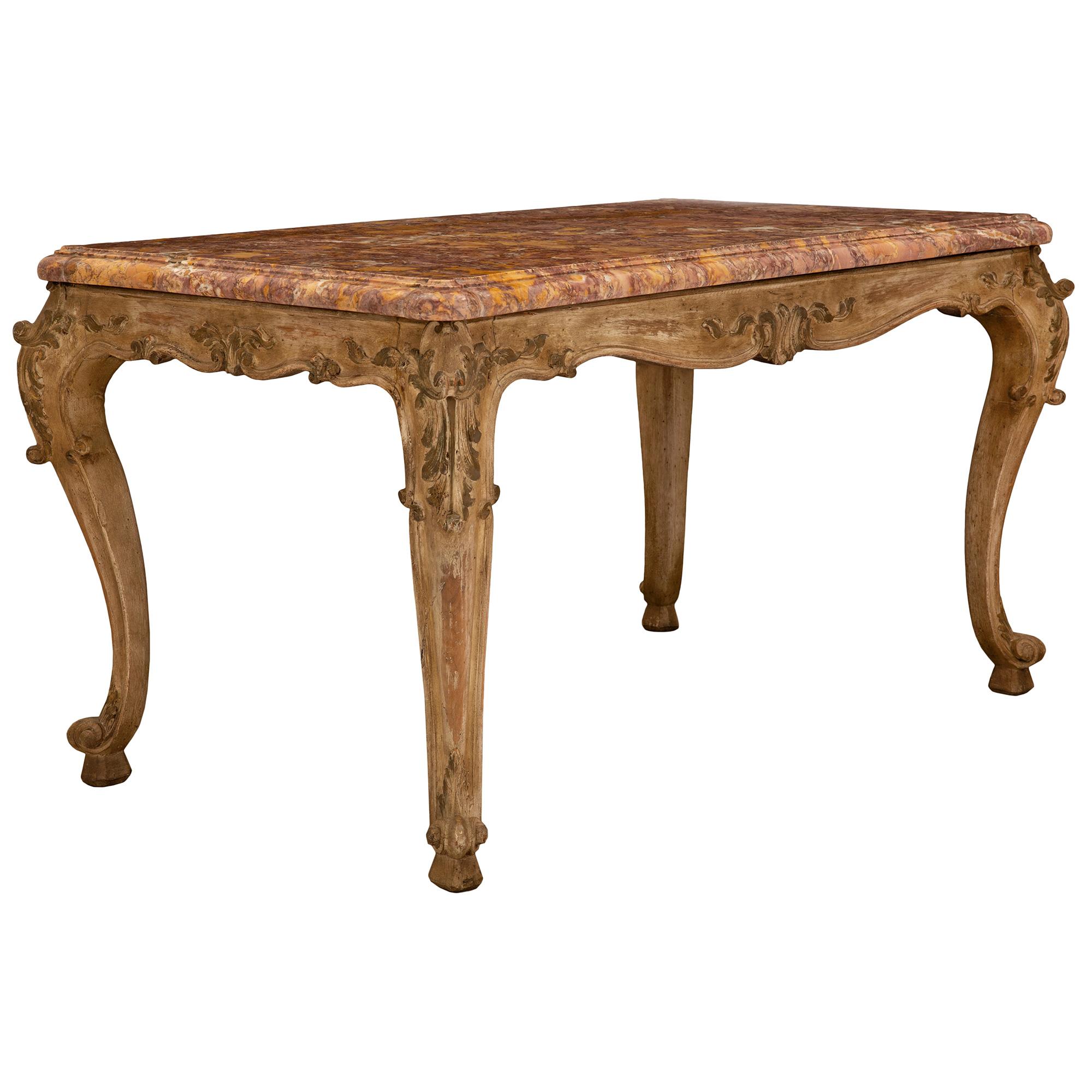 Italian 19th Century Louis XV St. Patinated Wood and Marble Coffee Table In Good Condition In West Palm Beach, FL