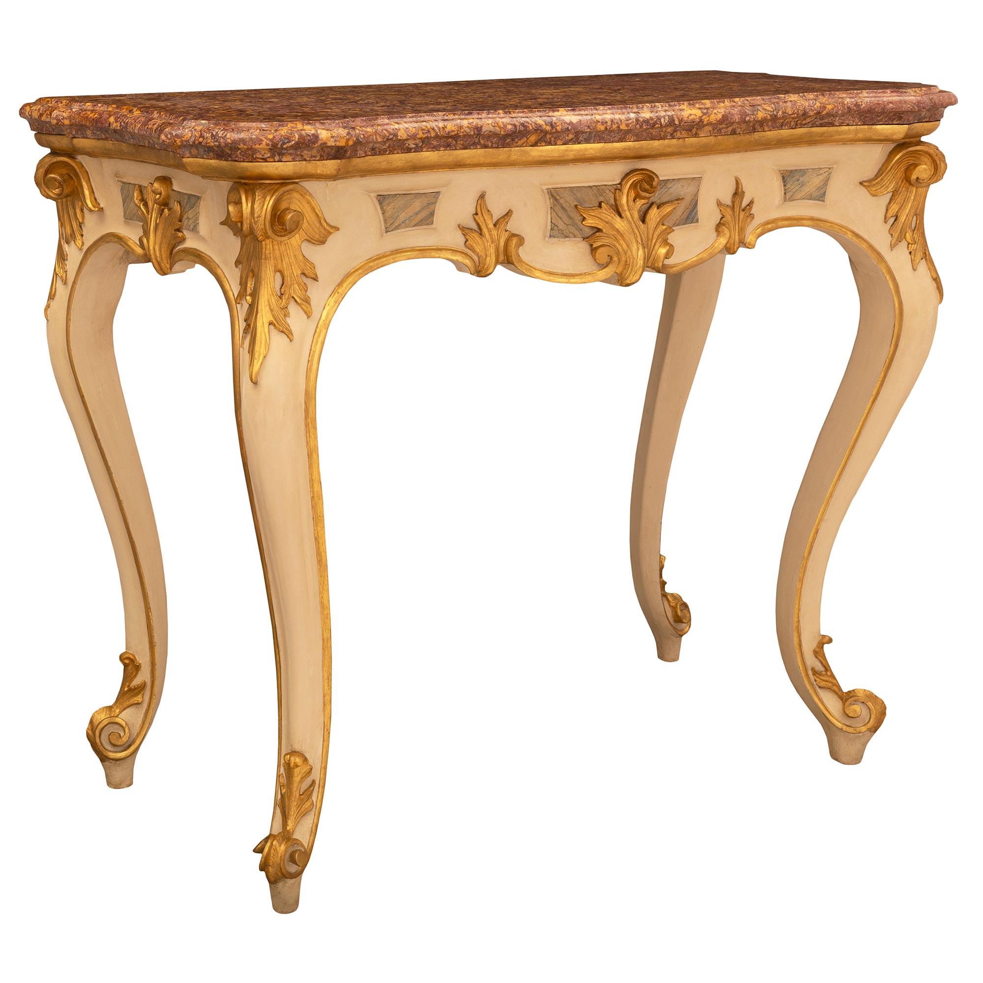 Italian 19th Century Louis XV St. Patinated Wood, Giltwood, and Marble Console In Good Condition For Sale In West Palm Beach, FL