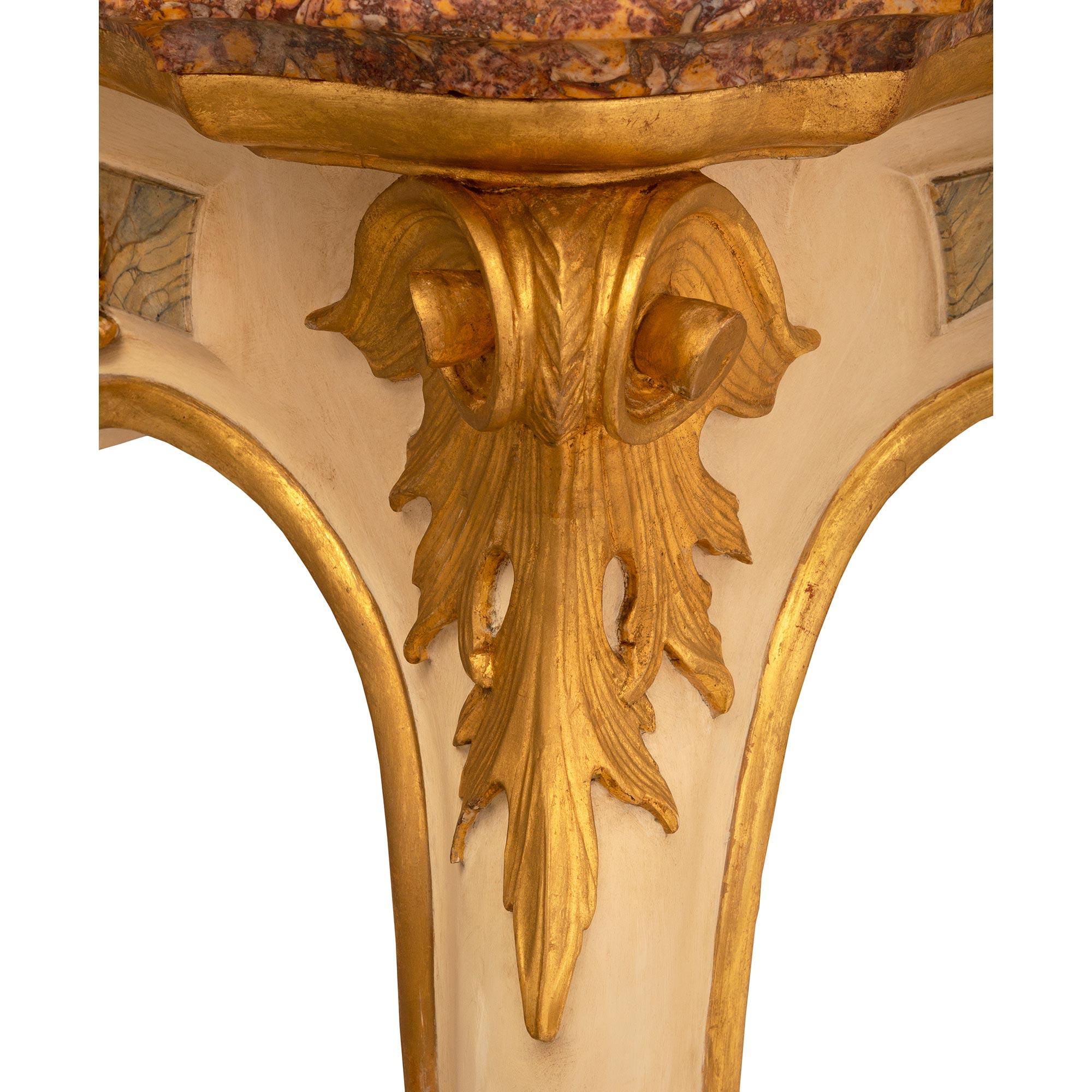 XIXe siècle Console italienne Louis XV du 19ème siècle en bois patiné, bois doré et marbre en vente