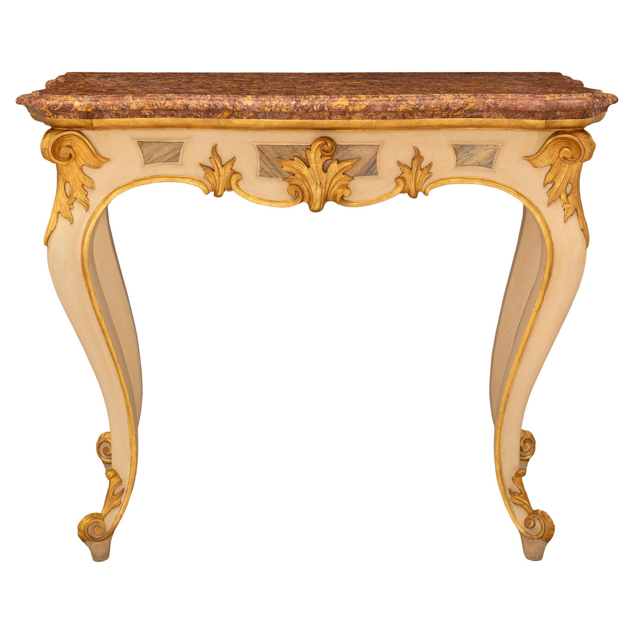 Console italienne Louis XV du 19ème siècle en bois patiné, bois doré et marbre