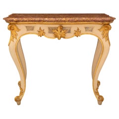 Console italienne Louis XV du 19ème siècle en bois patiné, bois doré et marbre