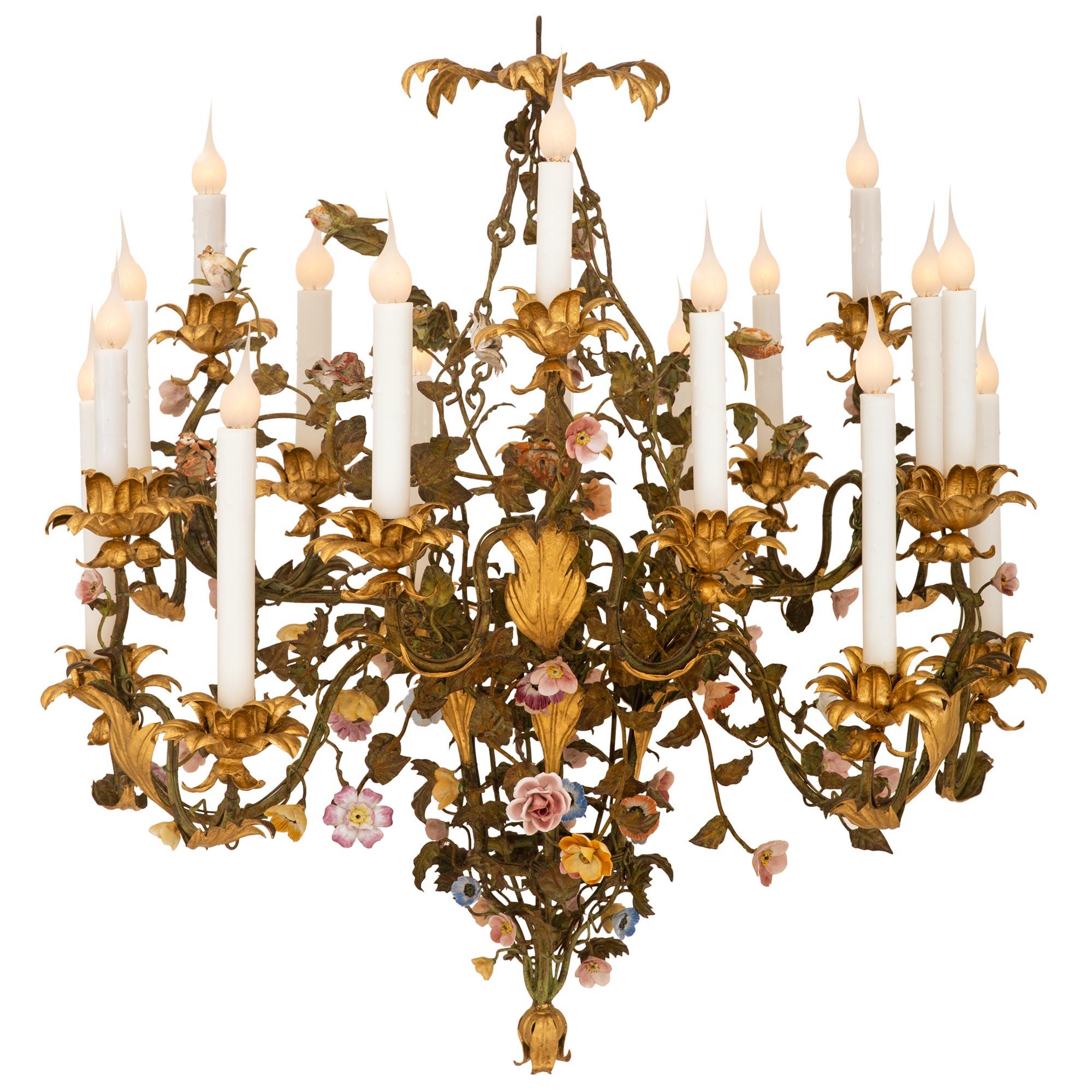 Italian 19th Century Louis XV St. Tole, Gilt Metal And Saxe Porcelain Chandelier In Good Condition In West Palm Beach, FL