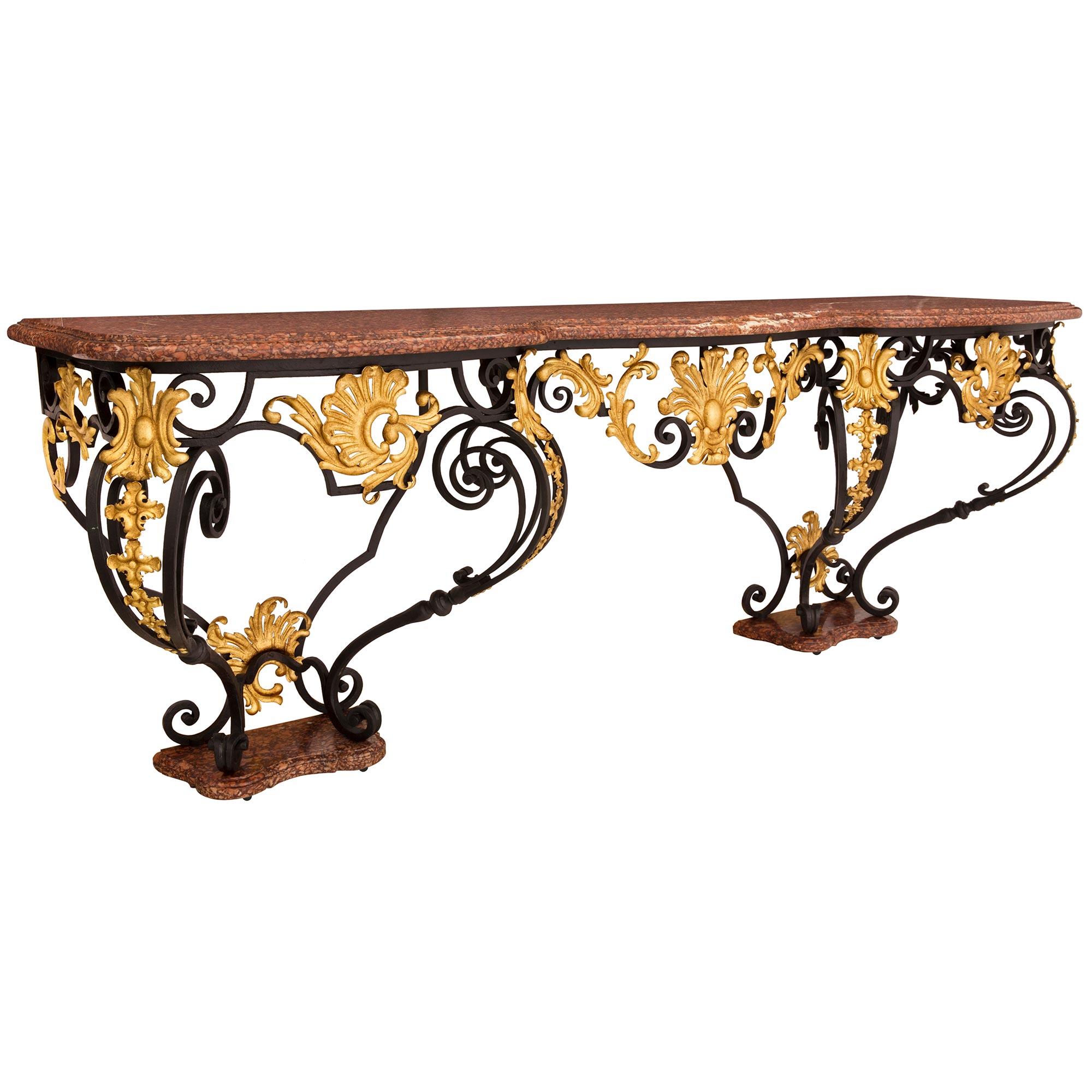 Italian 19th Century Louis XV St. Wrought Iron and Marble Console Table In Good Condition For Sale In West Palm Beach, FL
