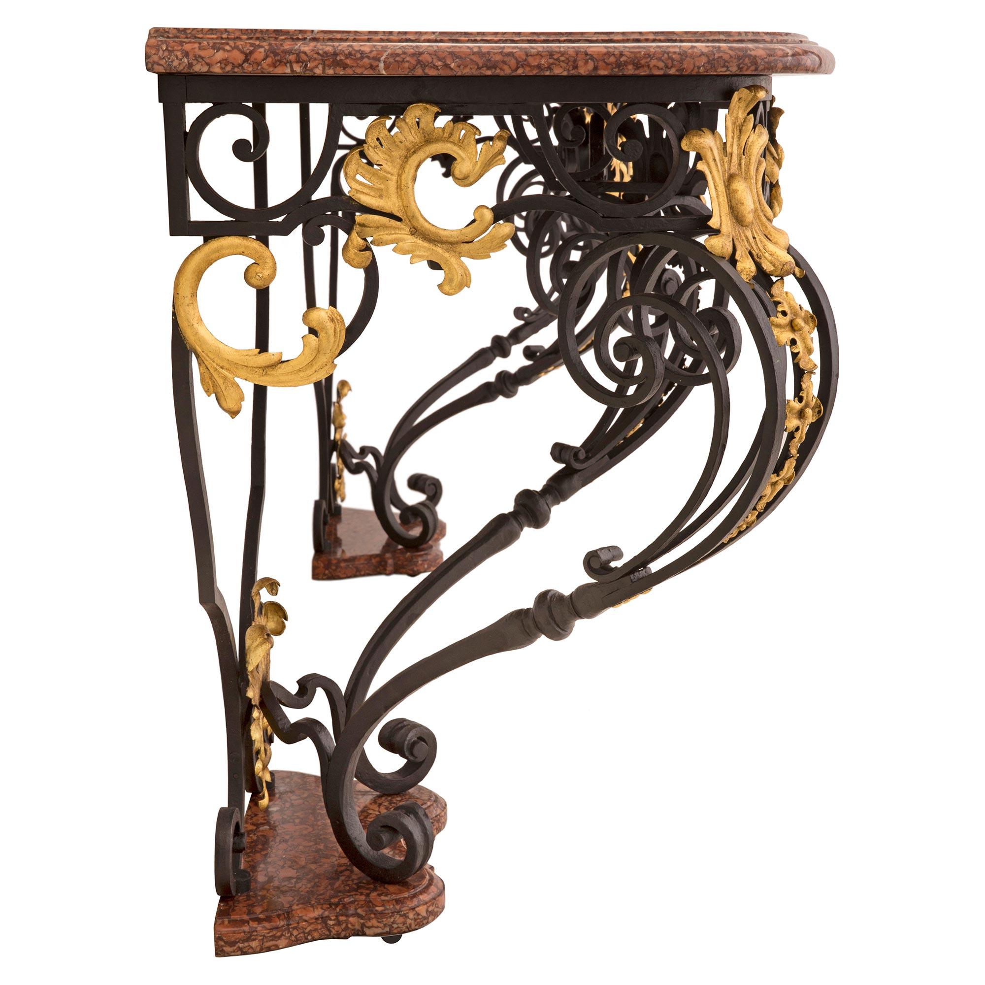 Metal Italian 19th Century Louis XV St. Wrought Iron and Marble Console Table For Sale
