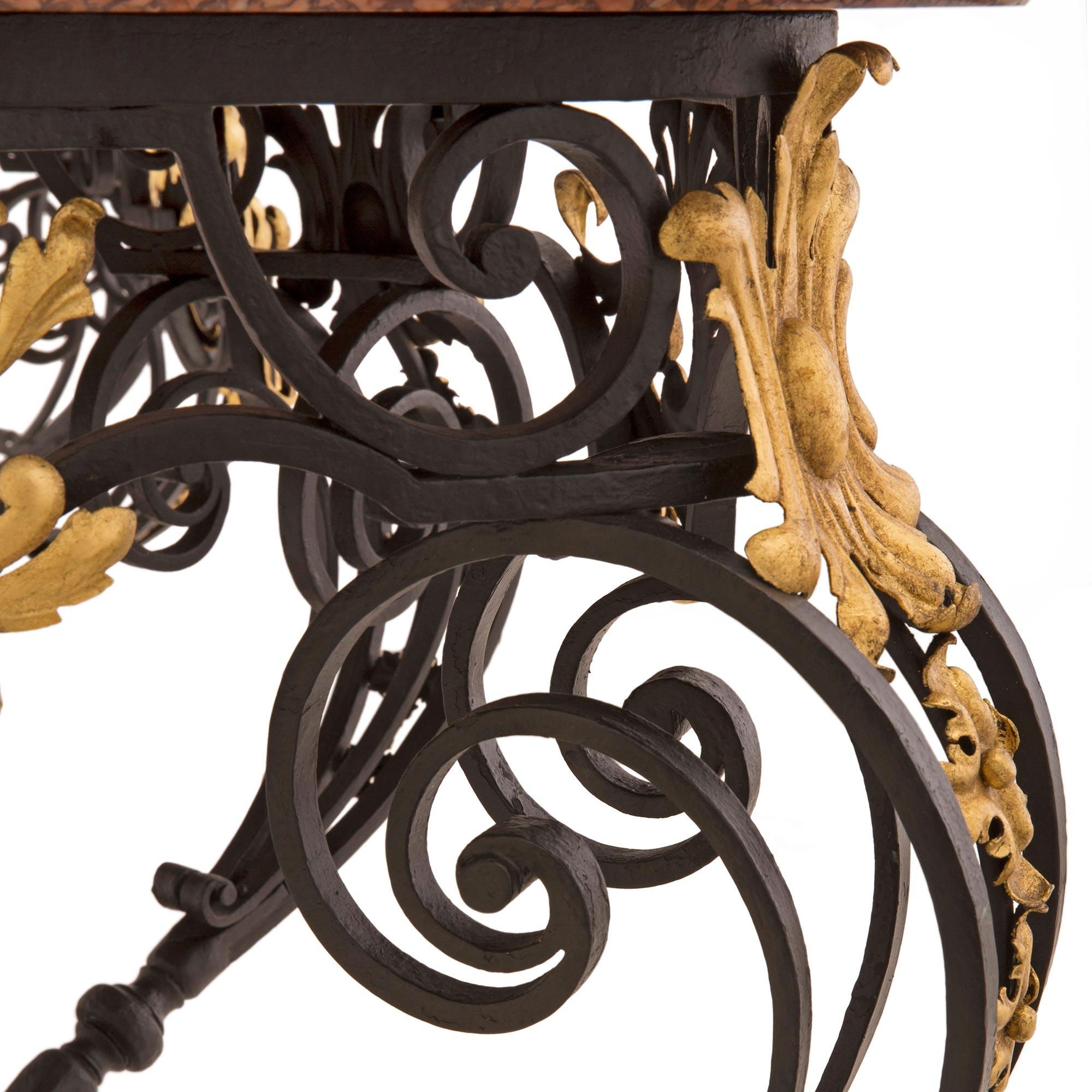 Italian 19th Century Louis XV St. Wrought Iron and Marble Console Table For Sale 1