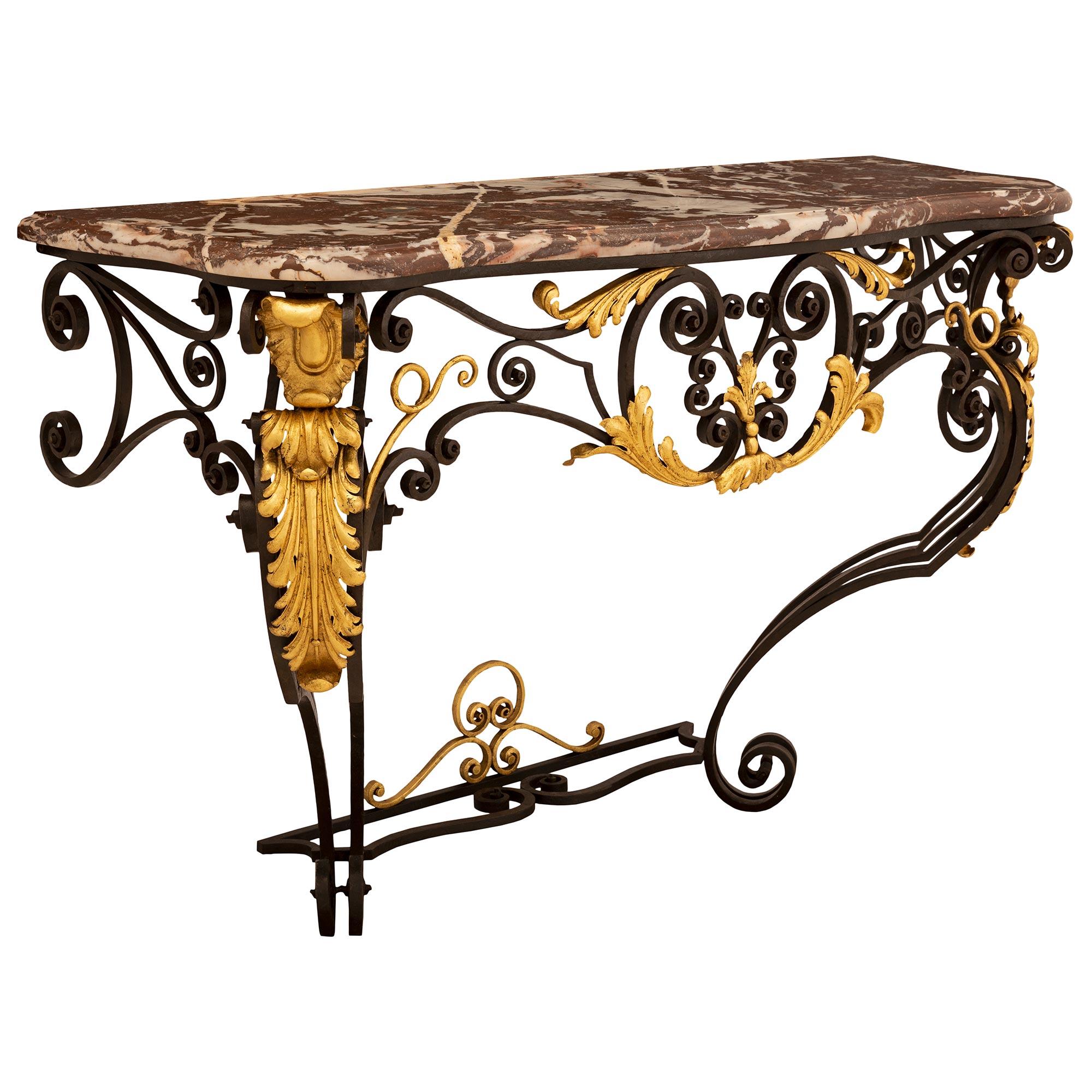 Italian 19th Century Louis XV St. Wrought Iron, Gilt Metal and Marble Console In Good Condition For Sale In West Palm Beach, FL