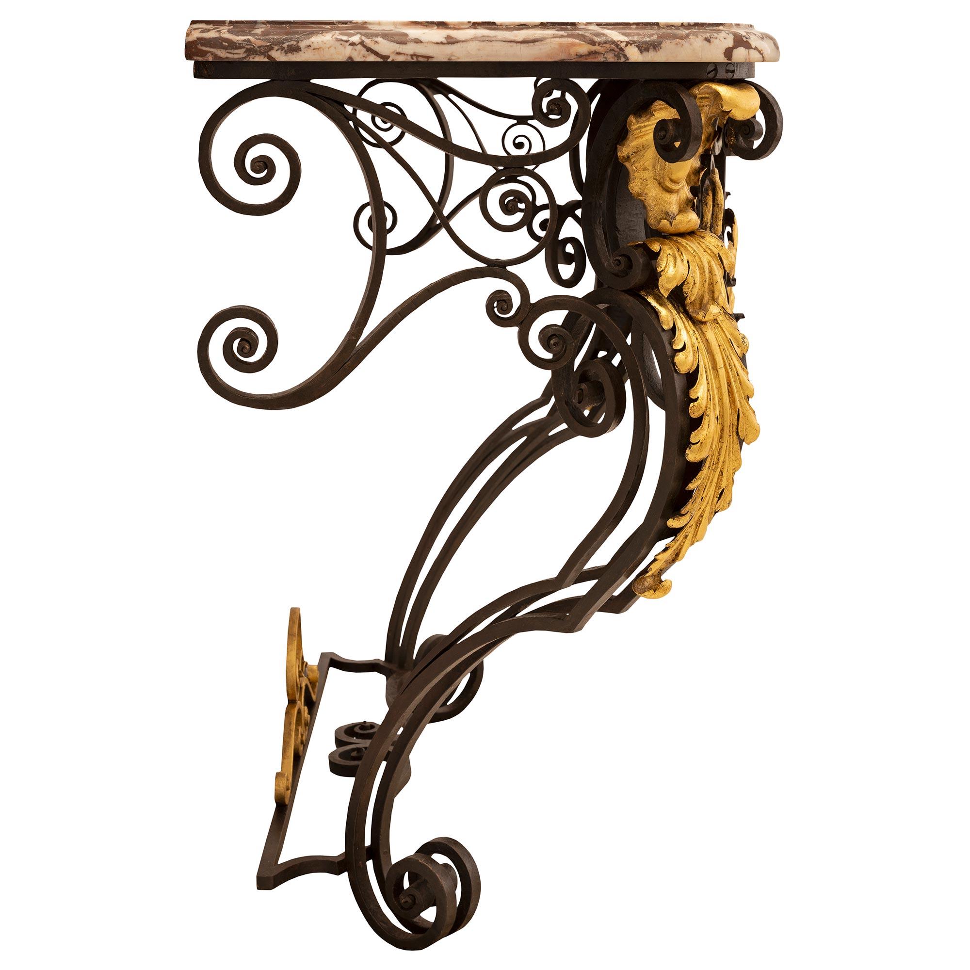 Italian 19th Century Louis XV St. Wrought Iron, Gilt Metal and Marble Console For Sale 1