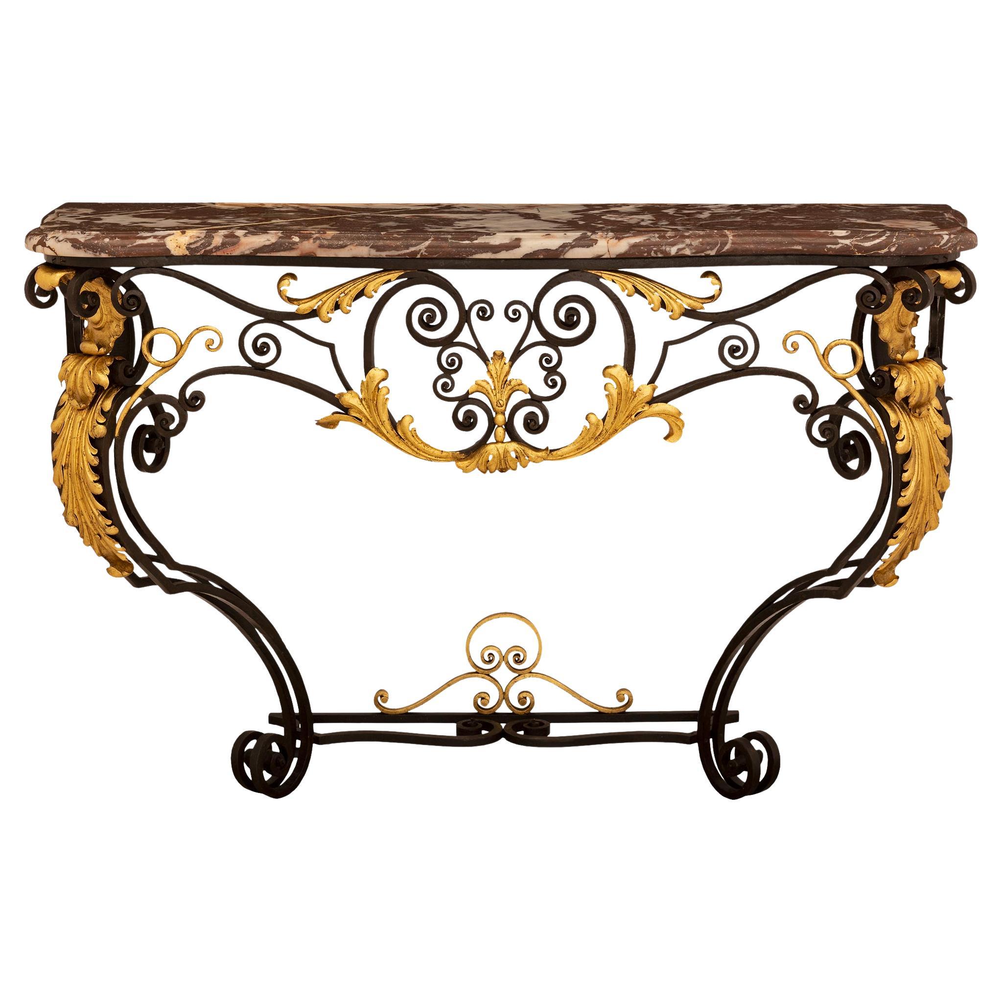Italian 19th Century Louis XV St. Wrought Iron, Gilt Metal and Marble Console For Sale