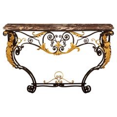 Antique Italian 19th Century Louis XV St. Wrought Iron, Gilt Metal and Marble Console