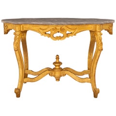 Table centrale ovale italienne de style Louis XV du 19ème siècle en bois doré et marbre