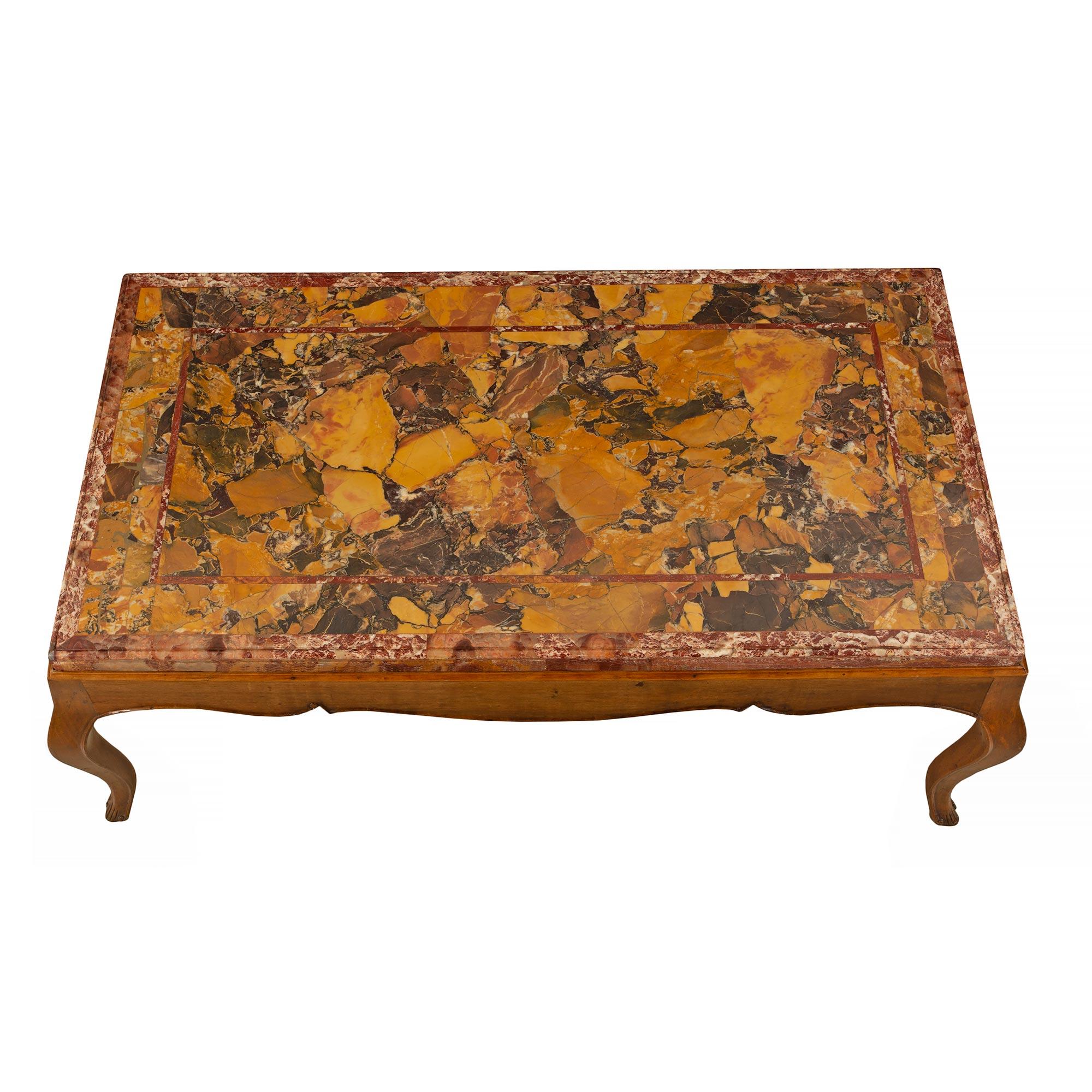 Italian 19th Century Louis XV Style Walnut and Marble Coffee Table In Good Condition For Sale In West Palm Beach, FL