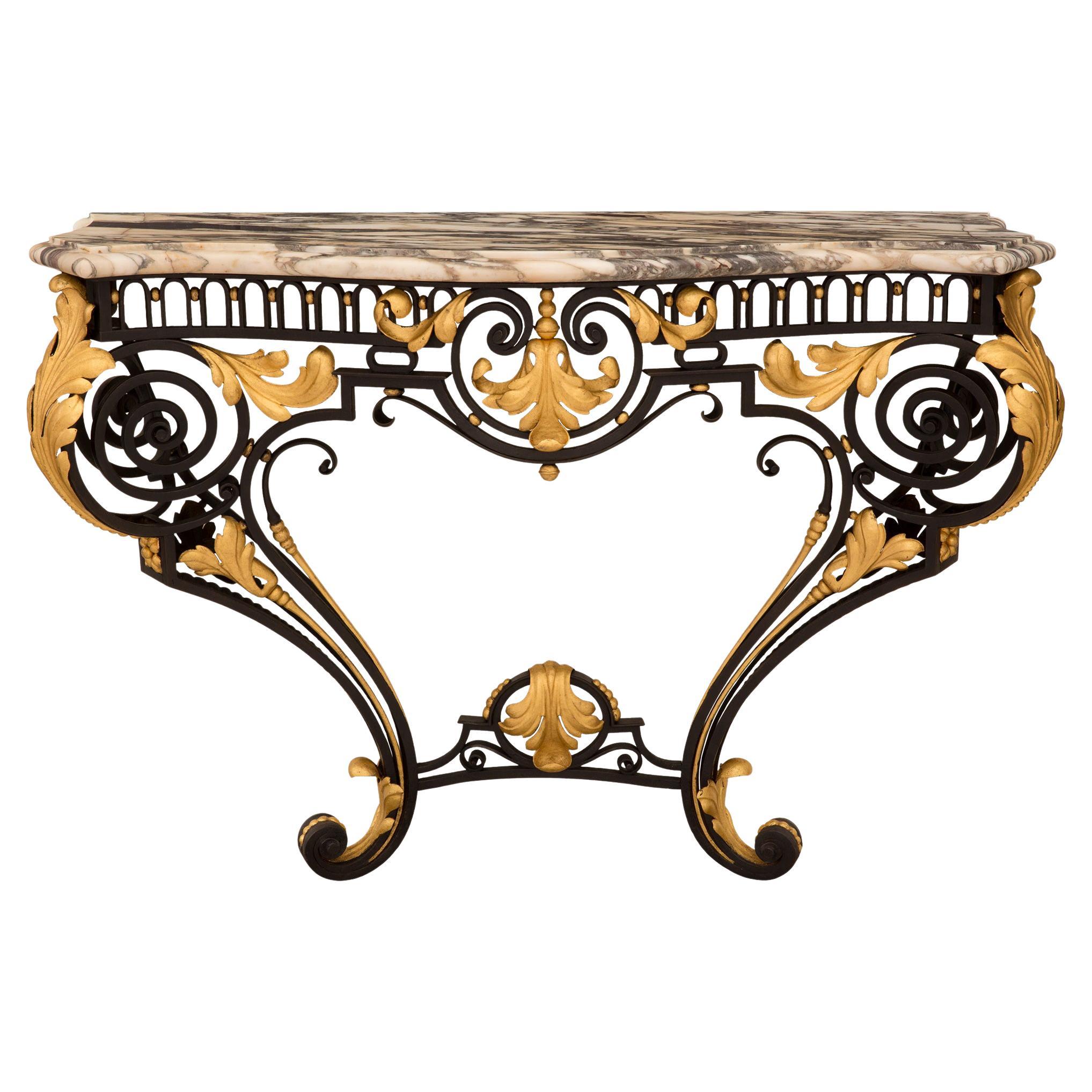 Italian 19th Century Louis XV Style Wrought Iron, Gilt Metal and Marble Console For Sale