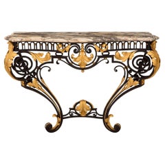Antique Italian 19th Century Louis XV Style Wrought Iron, Gilt Metal and Marble Console