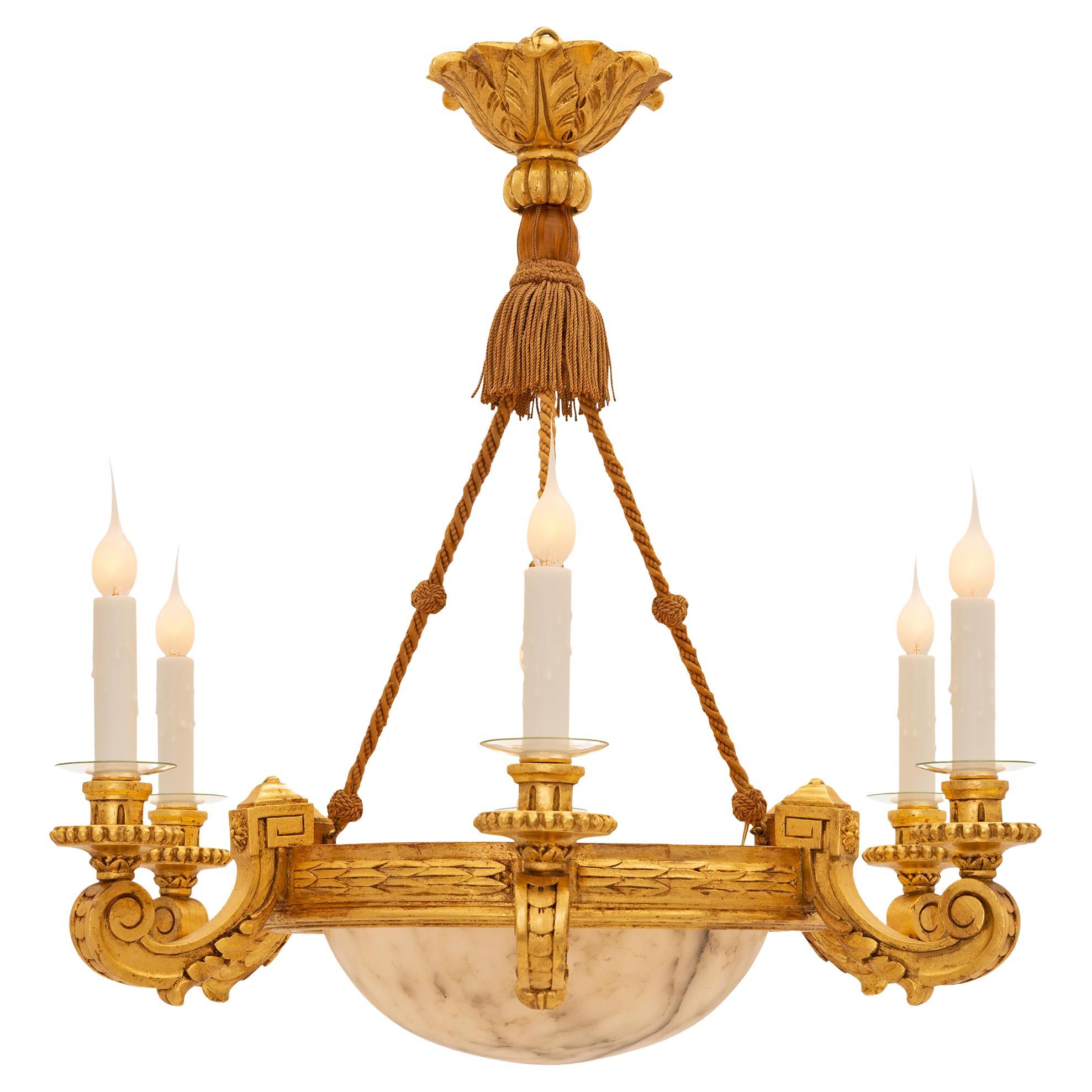 Italian 19th Century Louis XVI St. Gilt Wood and Alabaster Chandelier For Sale