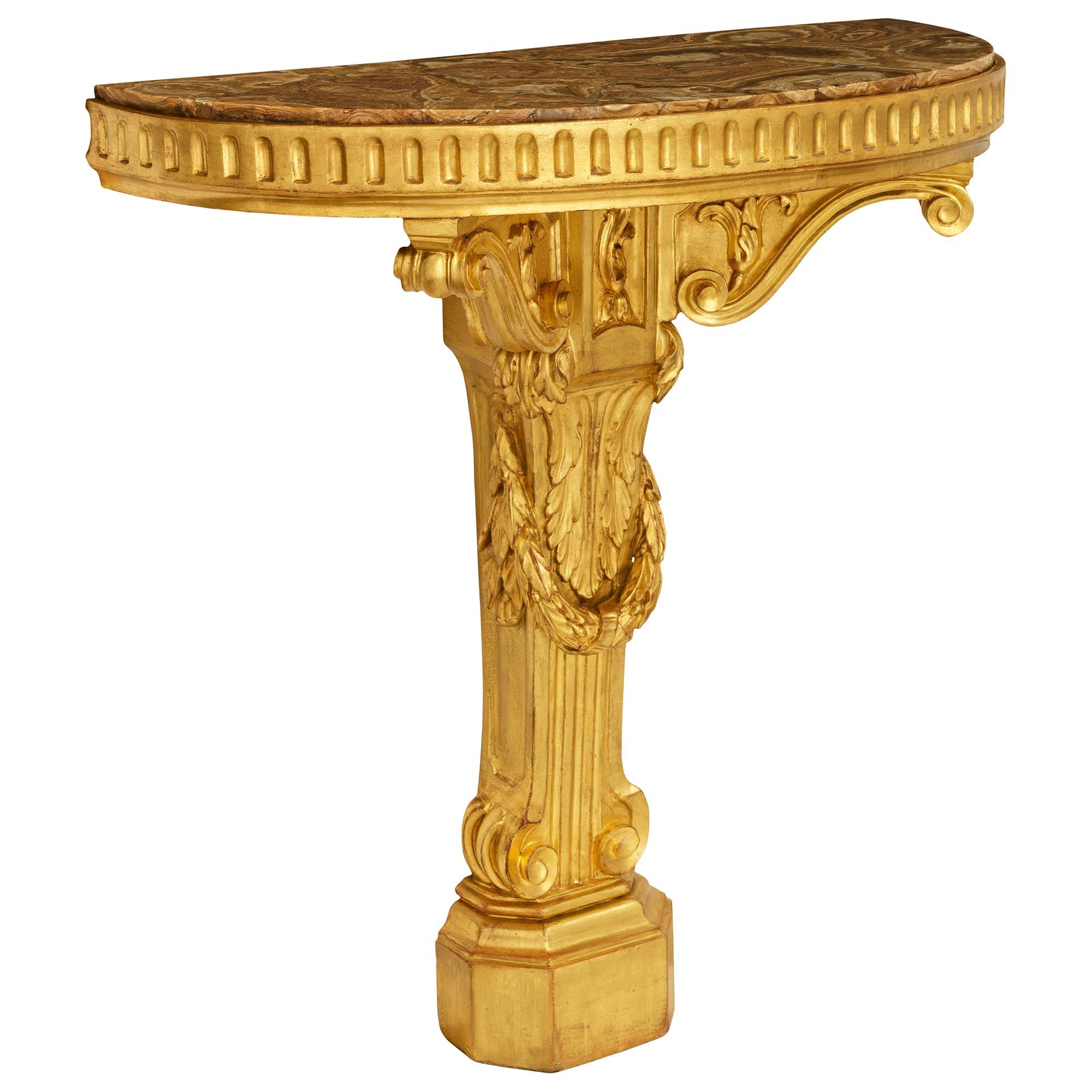 Français Console italienne du 19ème siècle de style Louis XVI en bois doré et Alabastro Fiorito en vente