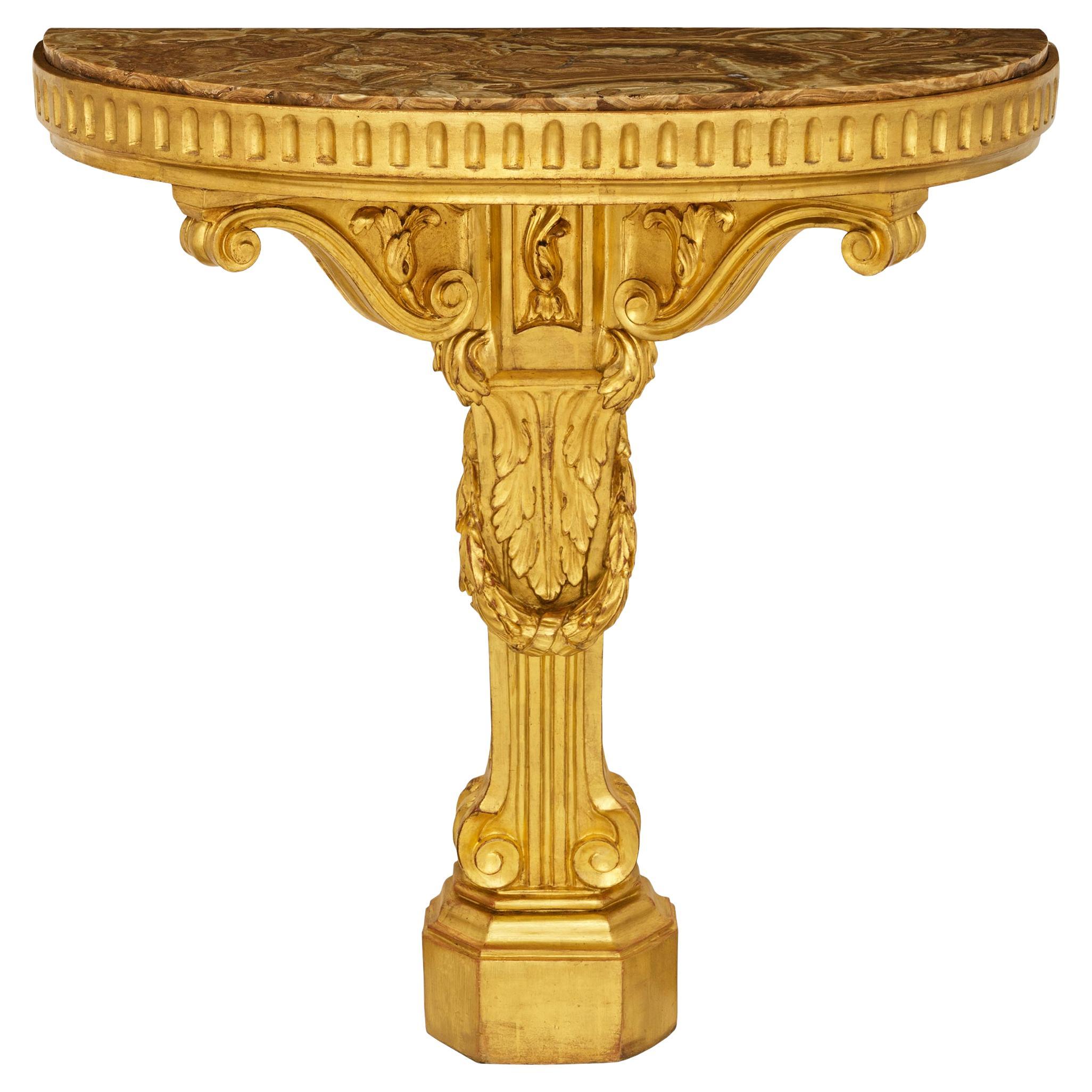 Console italienne du 19ème siècle de style Louis XVI en bois doré et Alabastro Fiorito