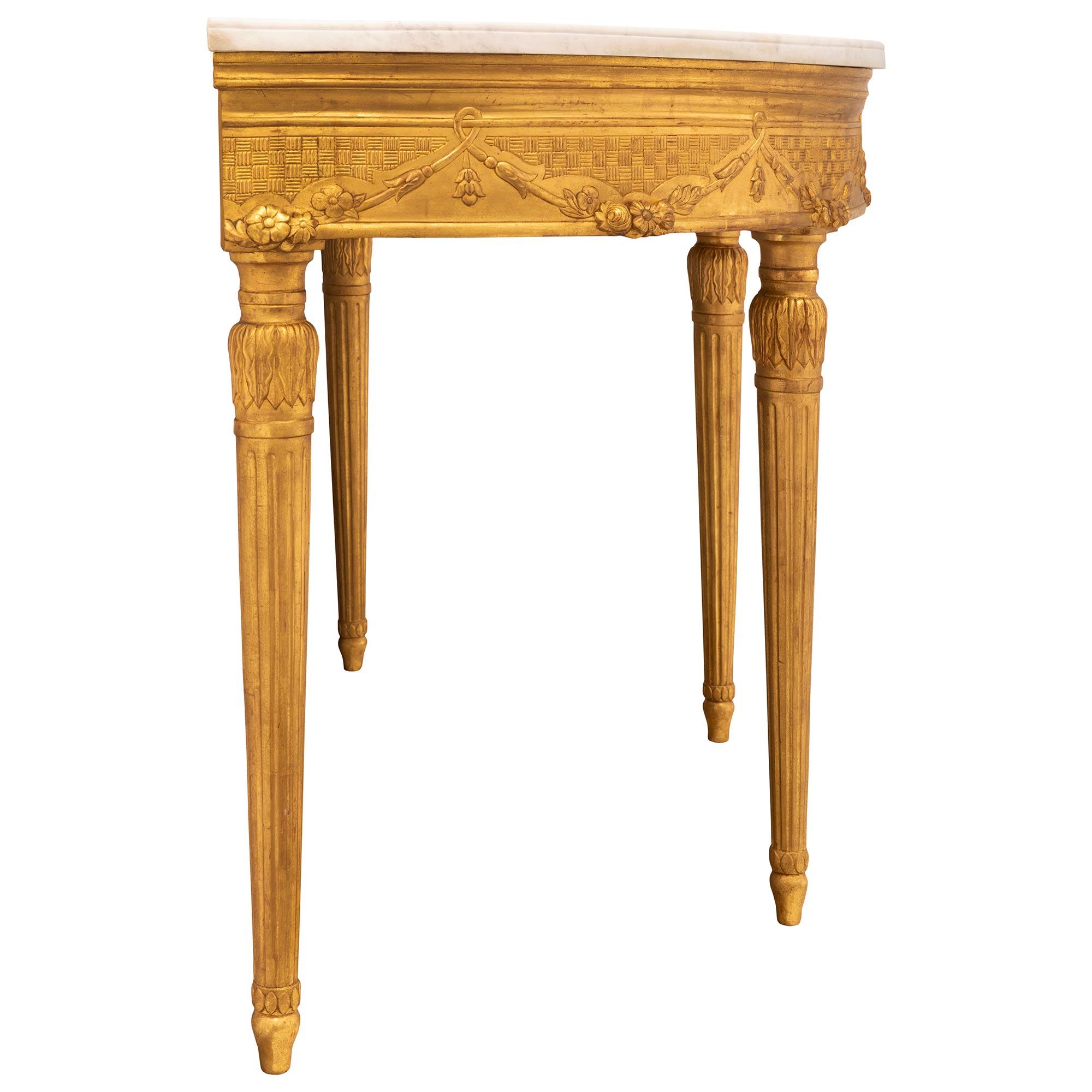 Italian 19th Century Louis XVI St. Giltwood and White Carrara Marble Console For Sale 1