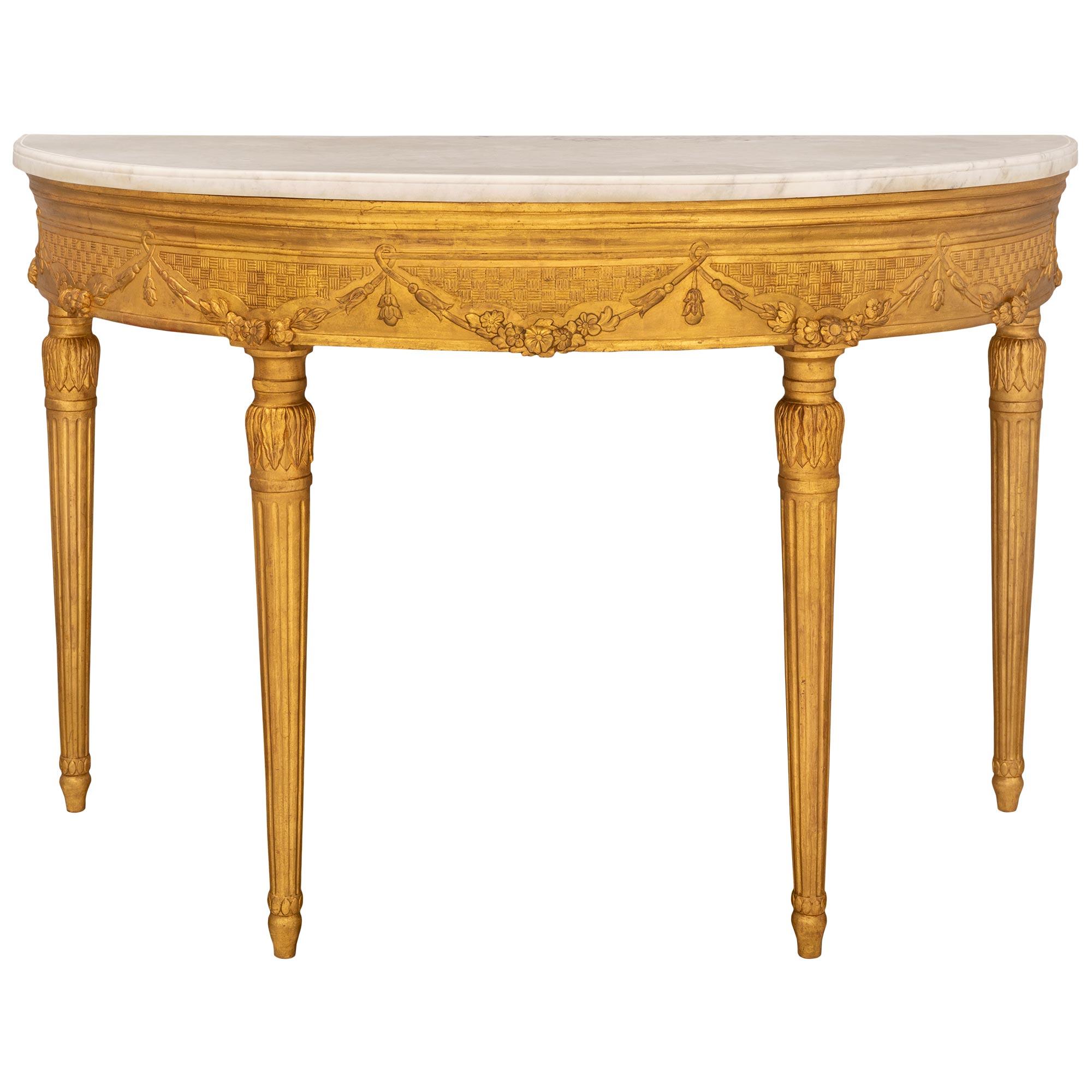 Italian 19th Century Louis XVI St. Giltwood and White Carrara Marble Console For Sale