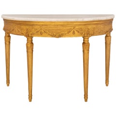 Console italienne du 19ème siècle de style Louis XVI en bois doré et marbre de Carrare blanc