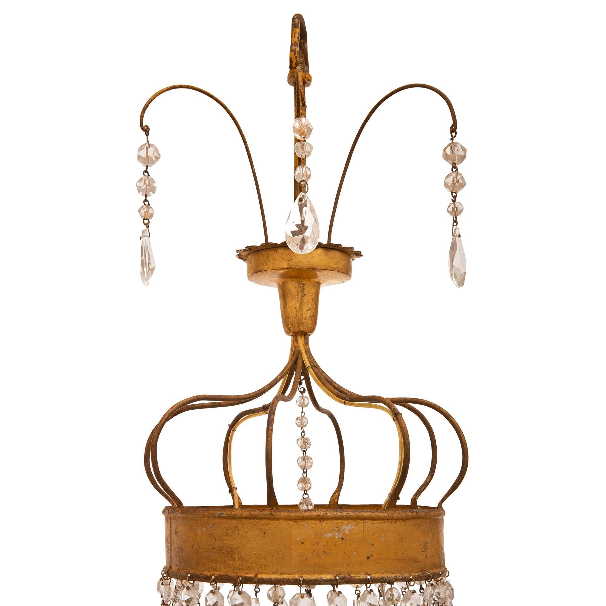 Italian 19th Century Louis XVI St. Giltwood, Gilt Metal, and Crystal Chandelier For Sale 1