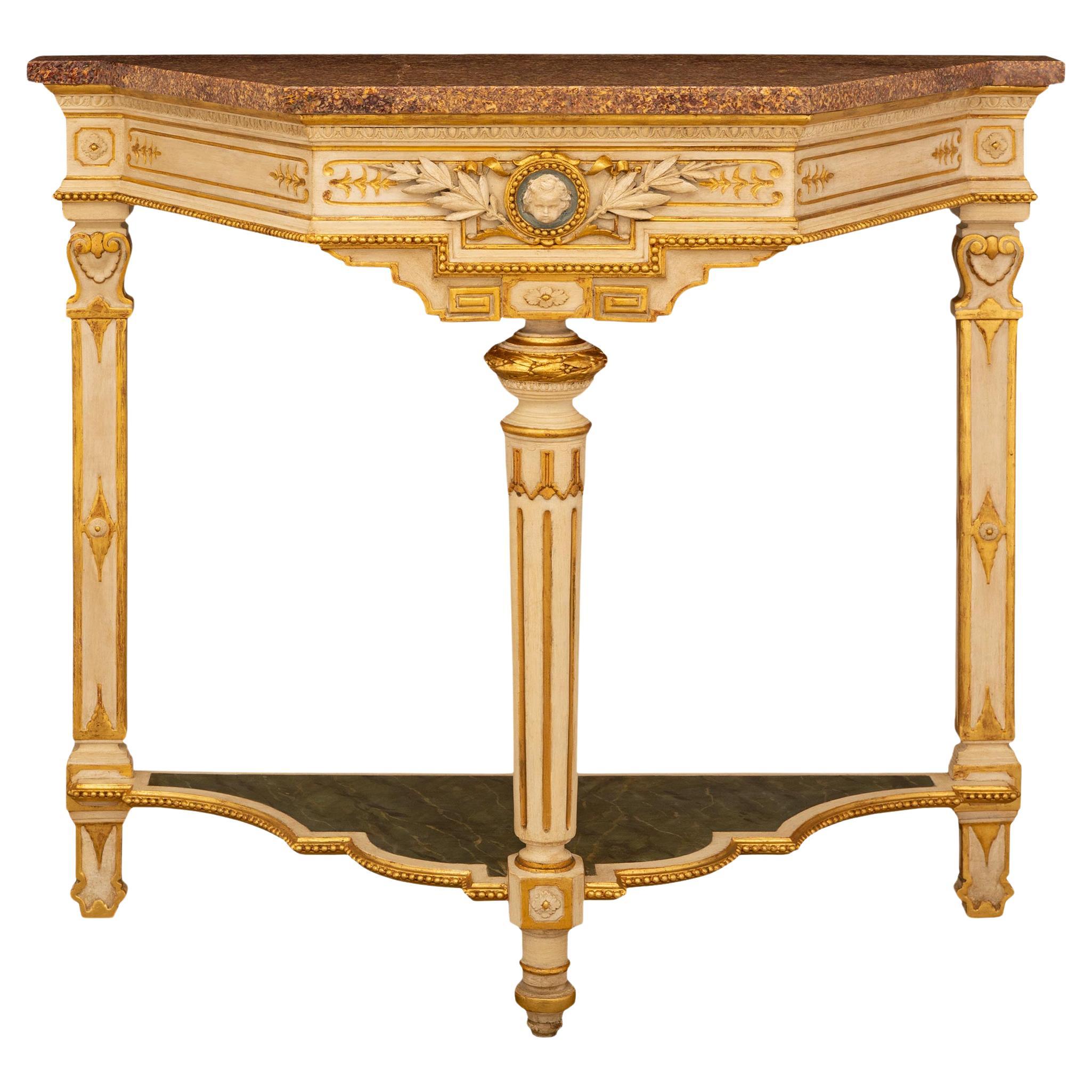 Italian 19th century Louis XVI st. Giltwood, patinated wood, and marble console