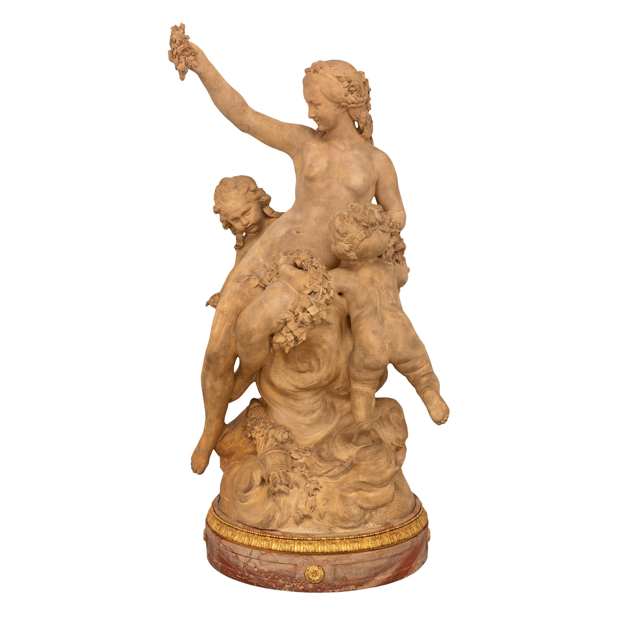 Statue italienne Louis XVI du 19ème siècle en marbre, bronze doré et terre cuite