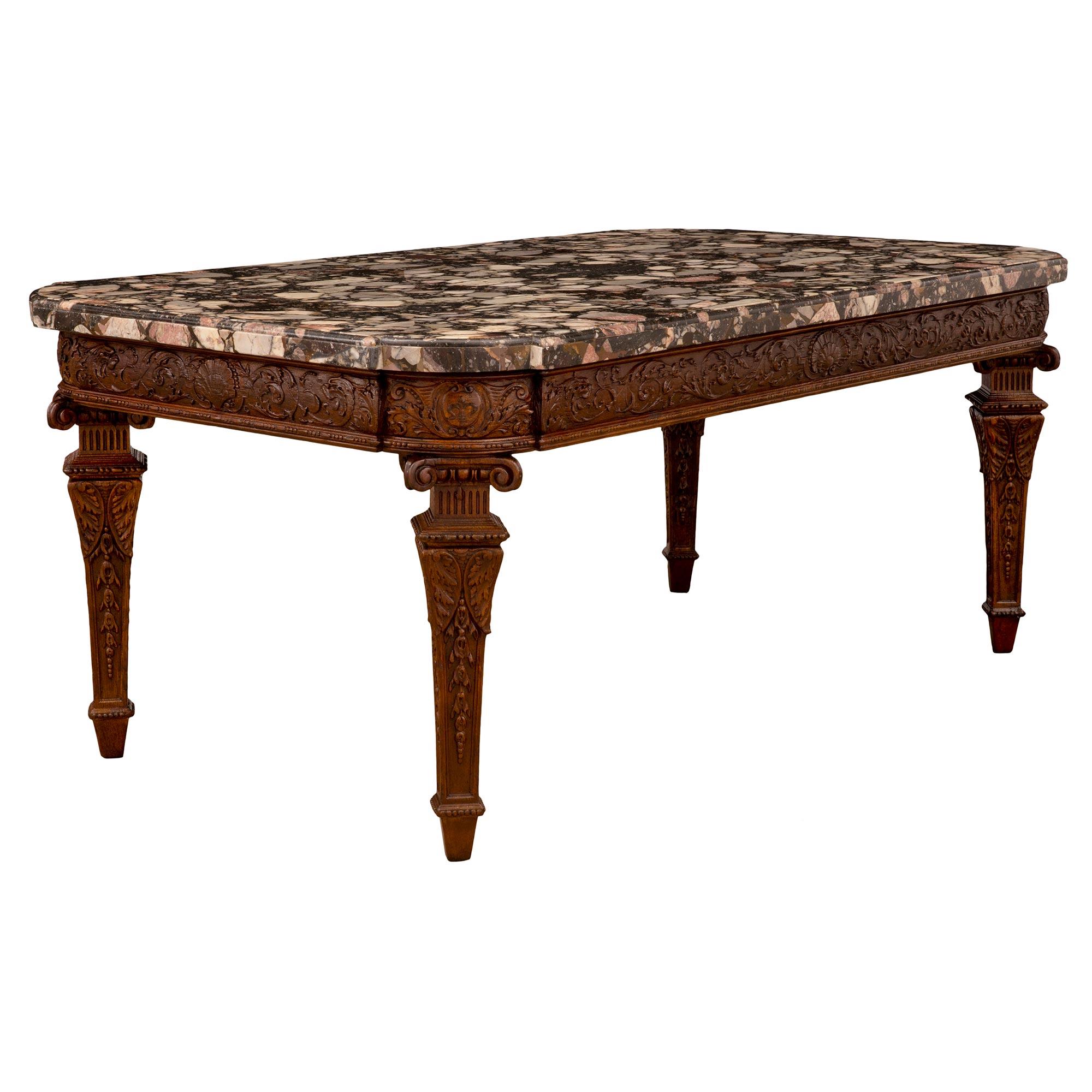 Italian 19th Century Louis XVI St. Oak and Brèche De Médicis Marble Coffee Table In Good Condition For Sale In West Palm Beach, FL
