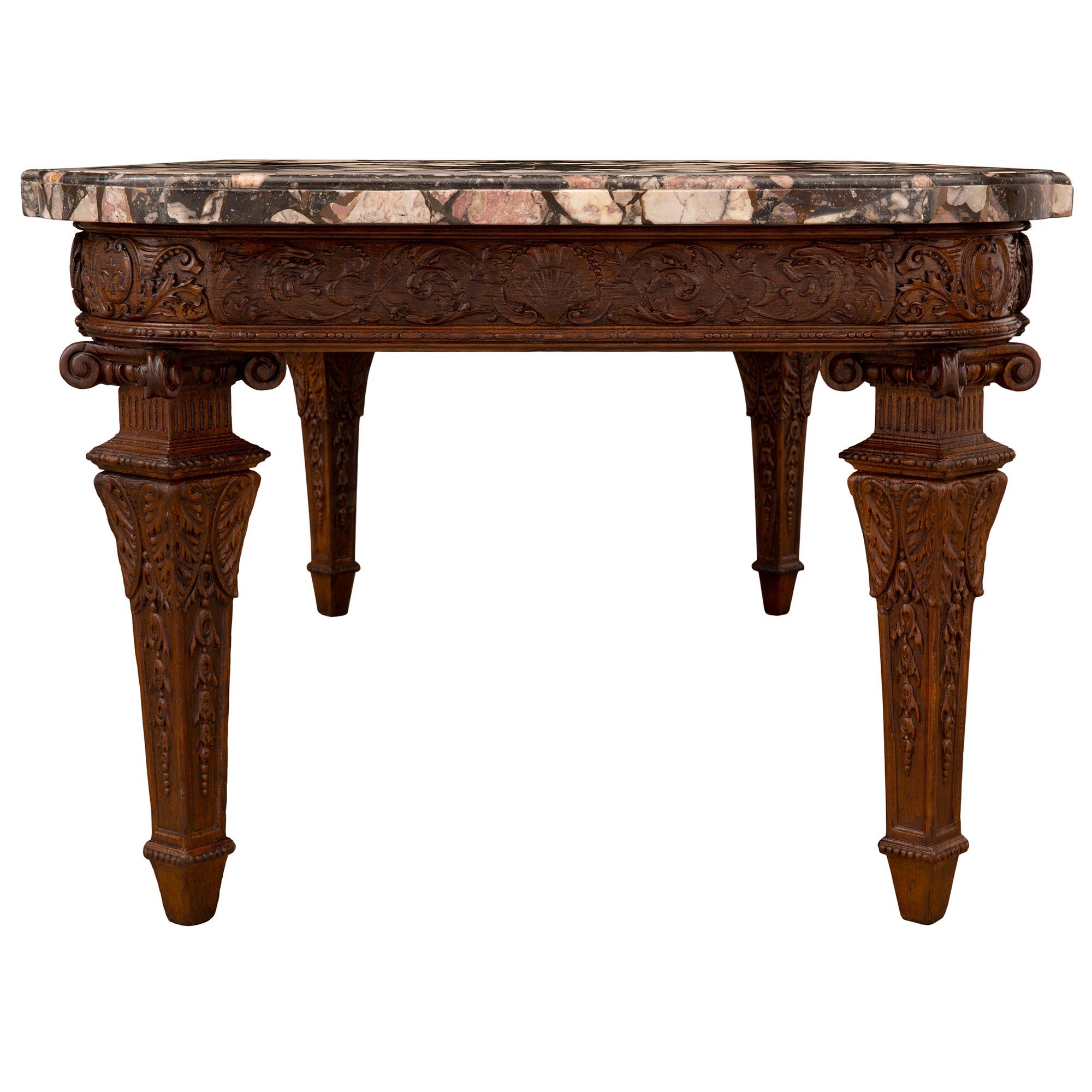 Italian 19th Century Louis XVI St. Oak and Brèche De Médicis Marble Coffee Table For Sale 1