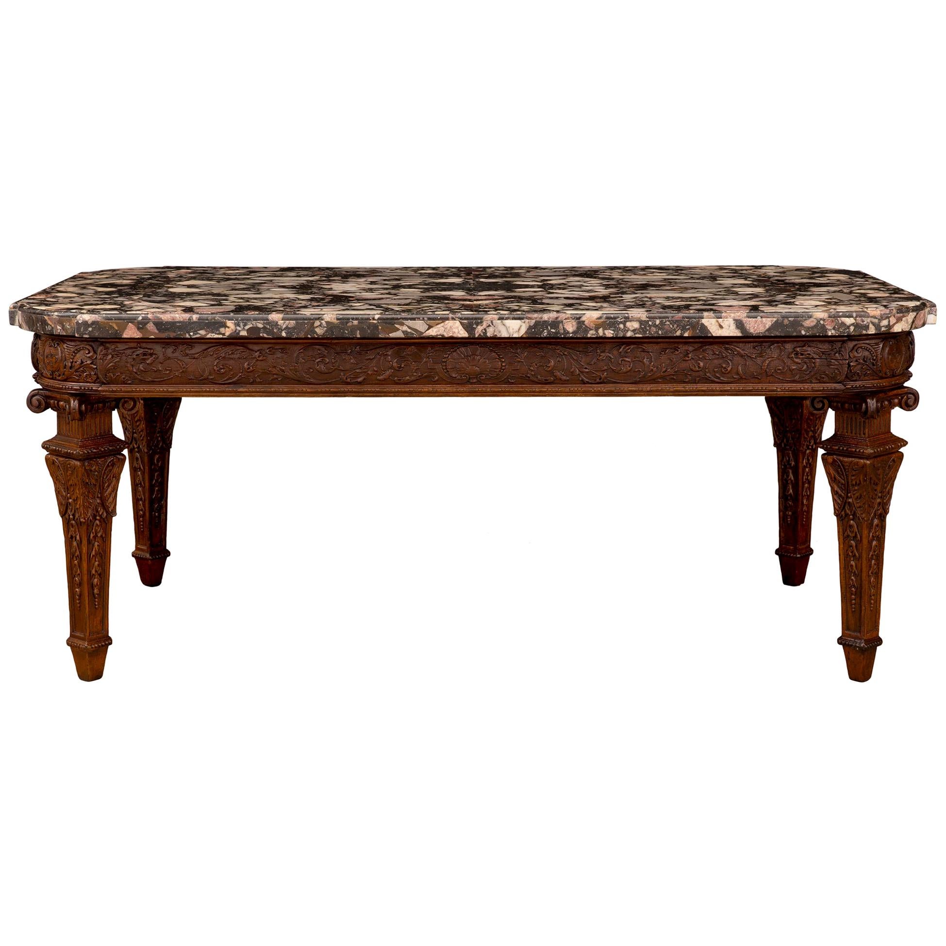 Italian 19th Century Louis XVI St. Oak and Brèche De Médicis Marble Coffee Table For Sale