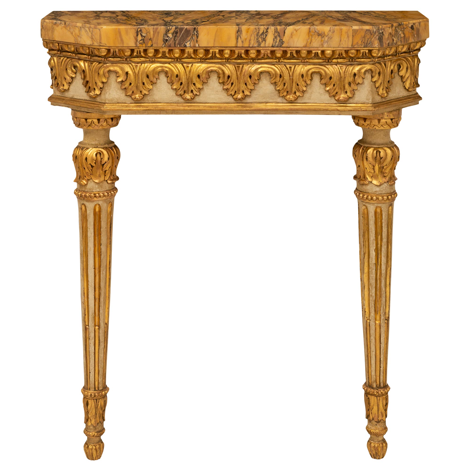 Console italienne du 19ème siècle de style Louis XVI en bois patiné, doré et marbre de Sienne en vente