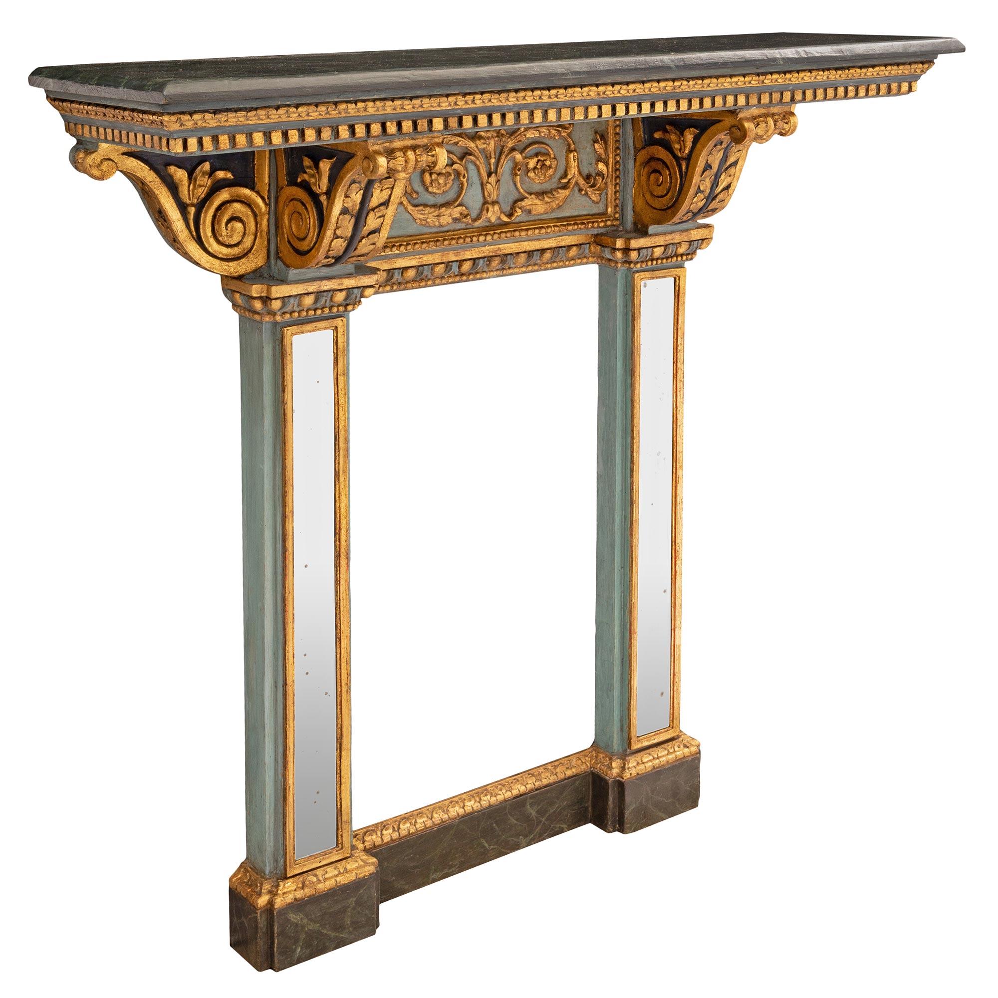 Painted Italian 19th Century Louis XVI St. Patinated Wood and Giltwood Mirrored Console For Sale