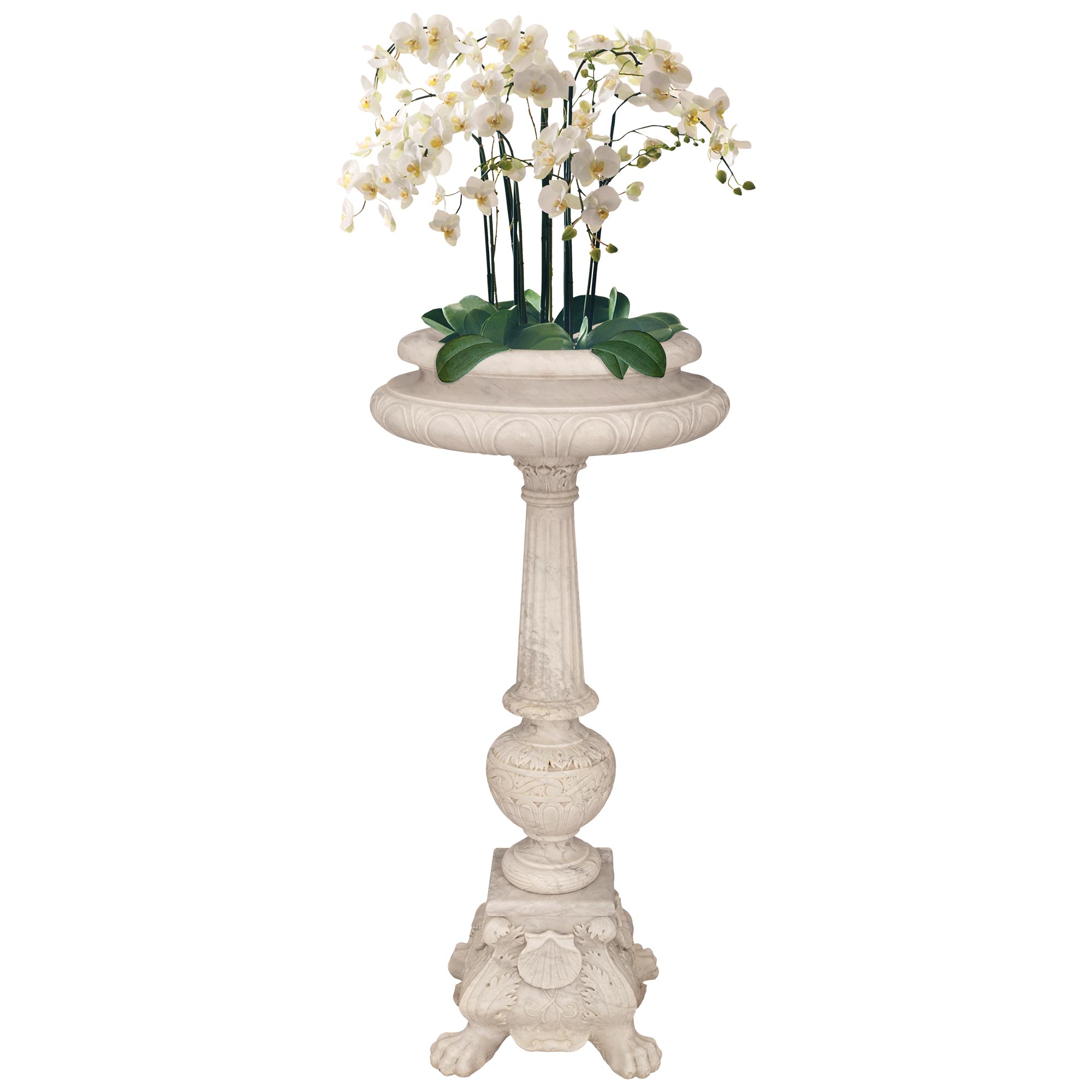 A striking and most elegant Italian 19th century Louis XVI st. white Carrara marble bird bath/planter. The planter is raised by a square base with handsome paw feet below large richly sculpted acanthus leaves with fine scrolled foliate designs and
