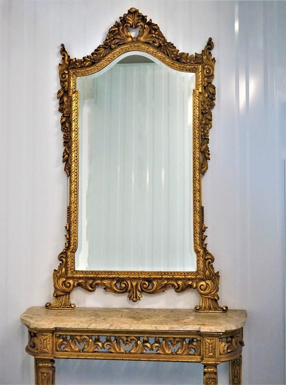 Faceted Italian 19th Century Louis XVI Style Giltwood Console Table and Mirror