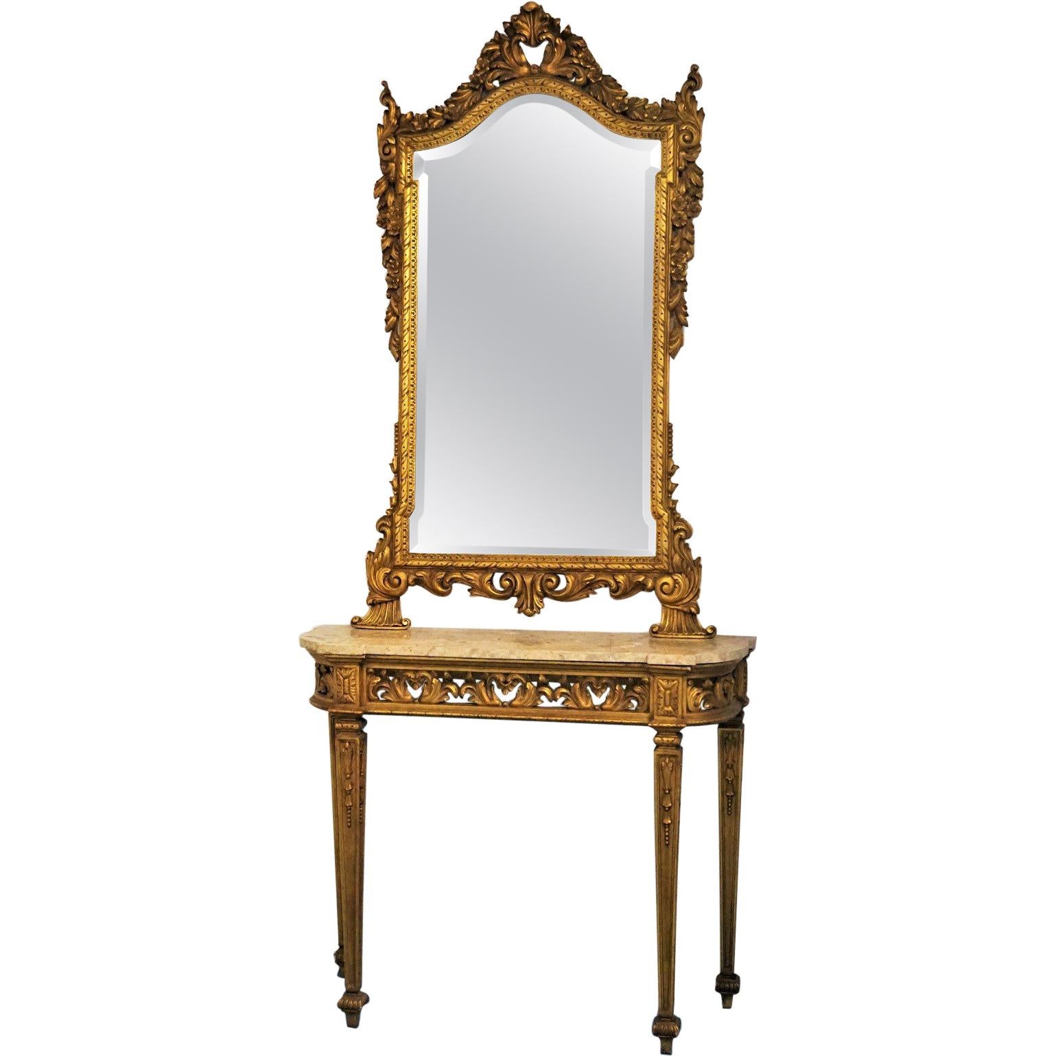 Italian 19th Century Louis XVI Style Giltwood Console Table and Mirror