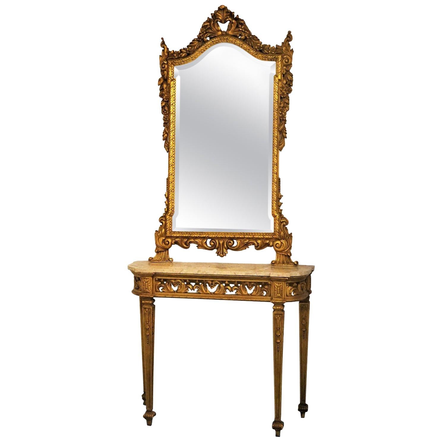 Console en bois doré de style Louis XVI du 19ème siècle et miroir en vente