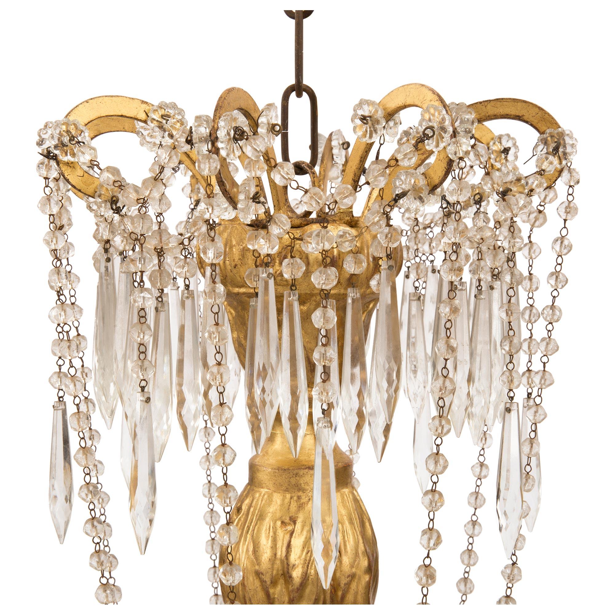Italian 19th Century Louis XVI Style Giltwood, Metal and Crystal Chandelier In Good Condition For Sale In West Palm Beach, FL