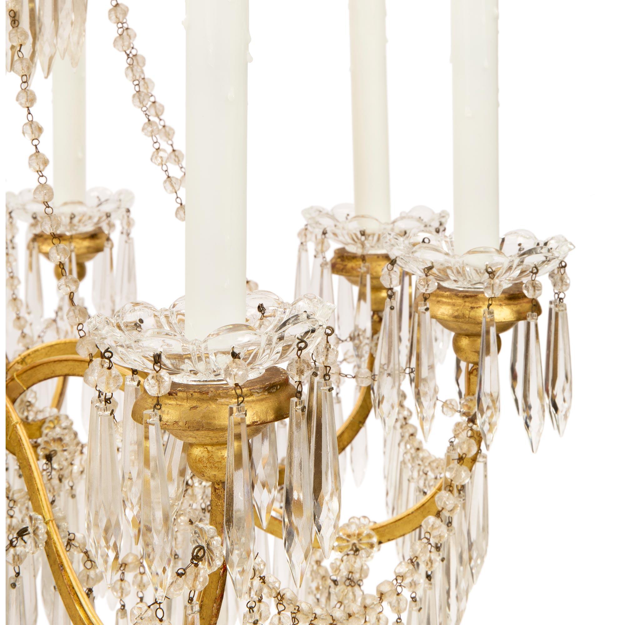 Italian 19th Century Louis XVI Style Giltwood, Metal and Crystal Chandelier For Sale 1