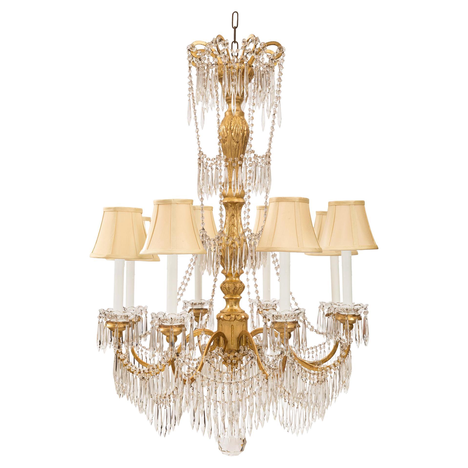 Lustre Italien de Style Louis XVI du 19ème Siècle en Bois Doré, Métal et Cristal